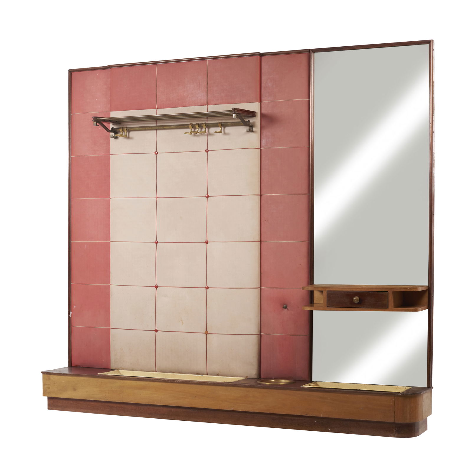 PORTUGUESE WORK, c.1950 - Modernist umbrella / coat stand: Portugal, c. 1930, in wood partially covered with padded-effect fabric in shades of red, with mirror, drawer block, coat hooks, and gilded metal details. Drawer stuck and signs of use. Dim.: 212x333,5