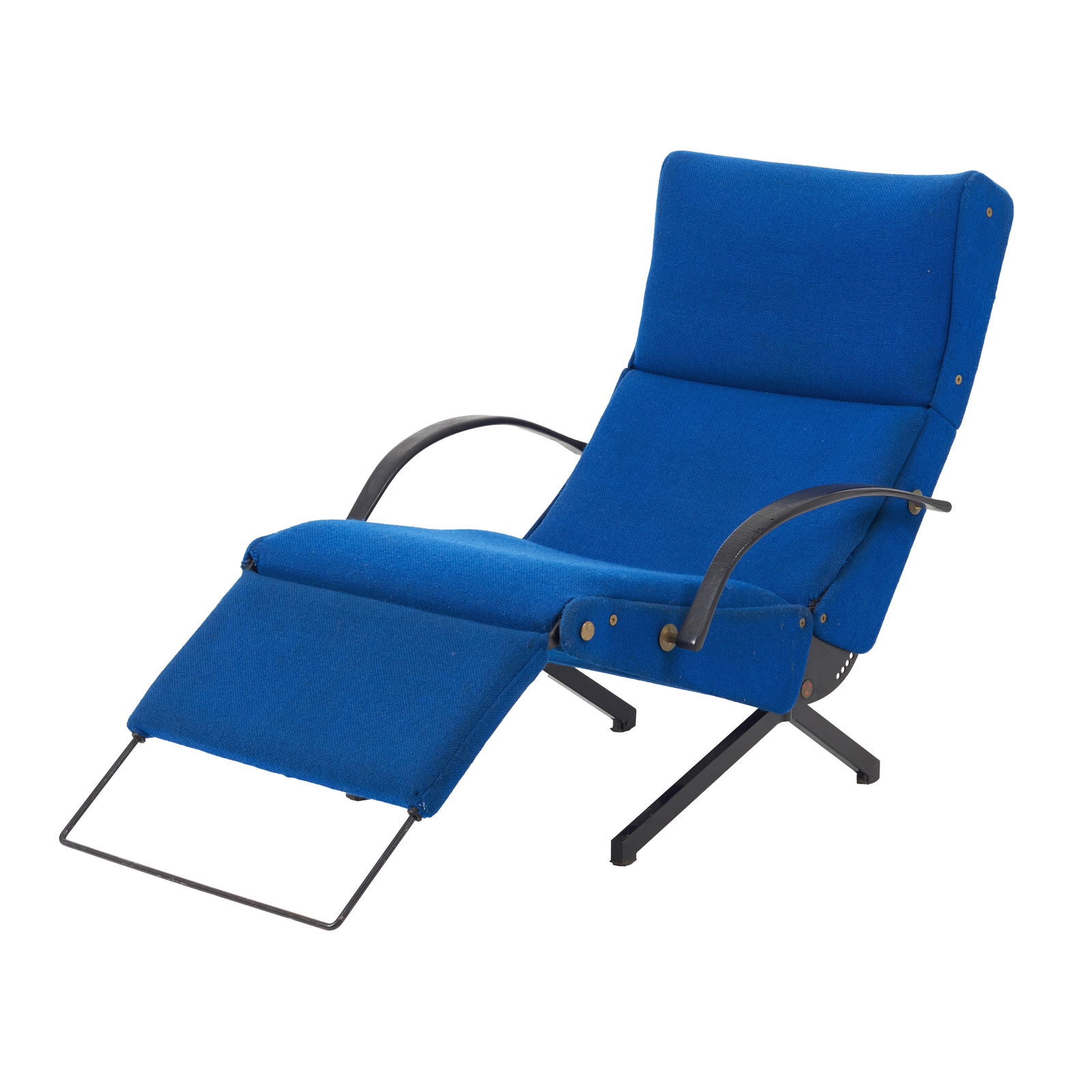 OSVALDO BORSANI (1911-1985) - Blue P40 lounge chair: Italy, c.1955, structure in black enamelled steel, upholstered in blue wool, rubber armrests, brass fittings, adjustable. Design by Osvaldo Borsani for Tecno. Minimal wear to fabric and rubber. Dim.: