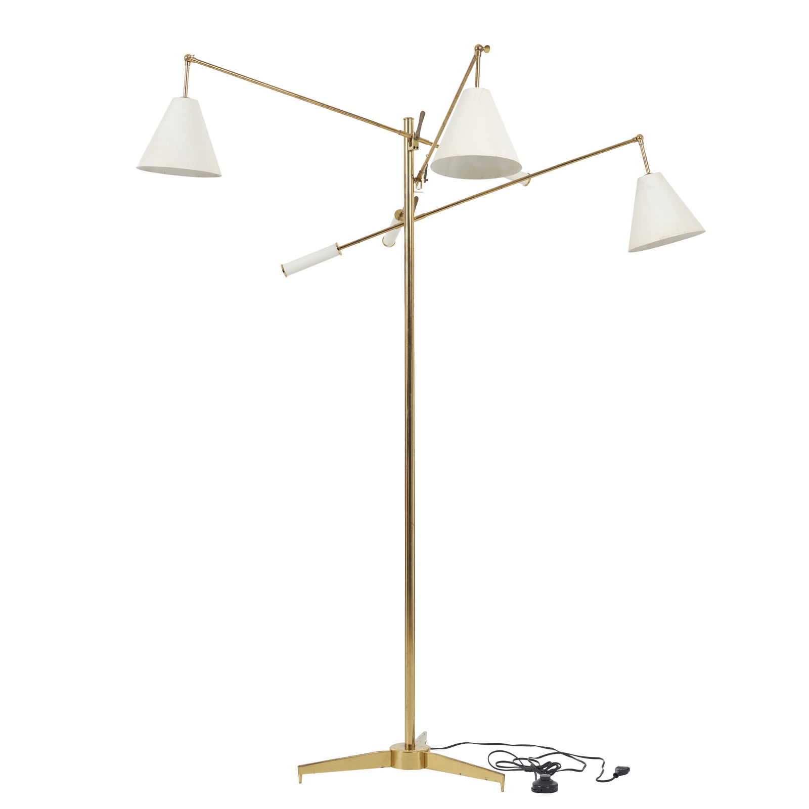 Style of ANGELO LELLI (1911-1979) - Floor lamp: Italy, c. 1950, gilt brass structure, white-lacquered metal diffusers, with three adjustable lights, designed by Angelo Lelii in 1947 for Arredoluce. With scratches and oxidation. Dim.: 171cm (height)