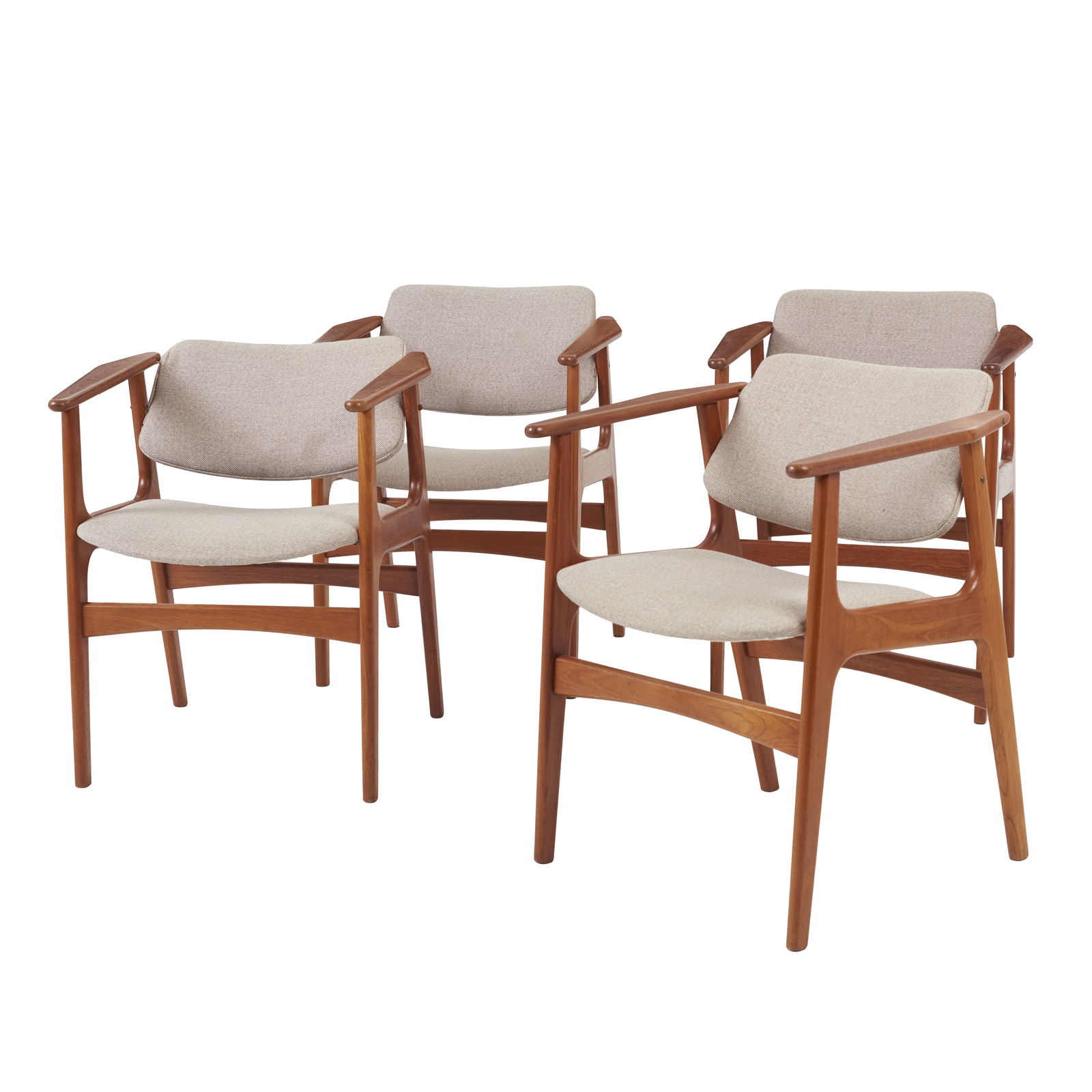 ARNE VODDER (1926-2009) - Set of four 'Ellen' chairs: Denmark, c. 1960, teak frame, seat and backrest upholstered in grey fabric. Minor scratches, small upholstery defects, and signs of use. Dim.: 75.5x60x59cm.