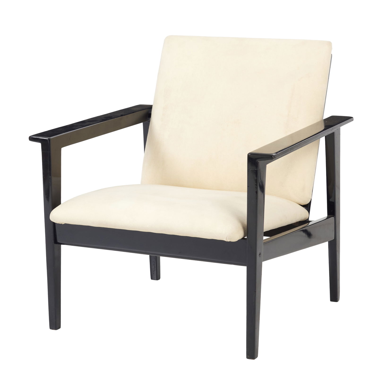 DANISH WORK (c. 1960) - Armchair: Denmark, c. 1960, black-lacquered wooden frame, seat and backrest upholstered in white suede. Fabric slightly stained, signs of use. Dim.: 75x68.5x68cm.