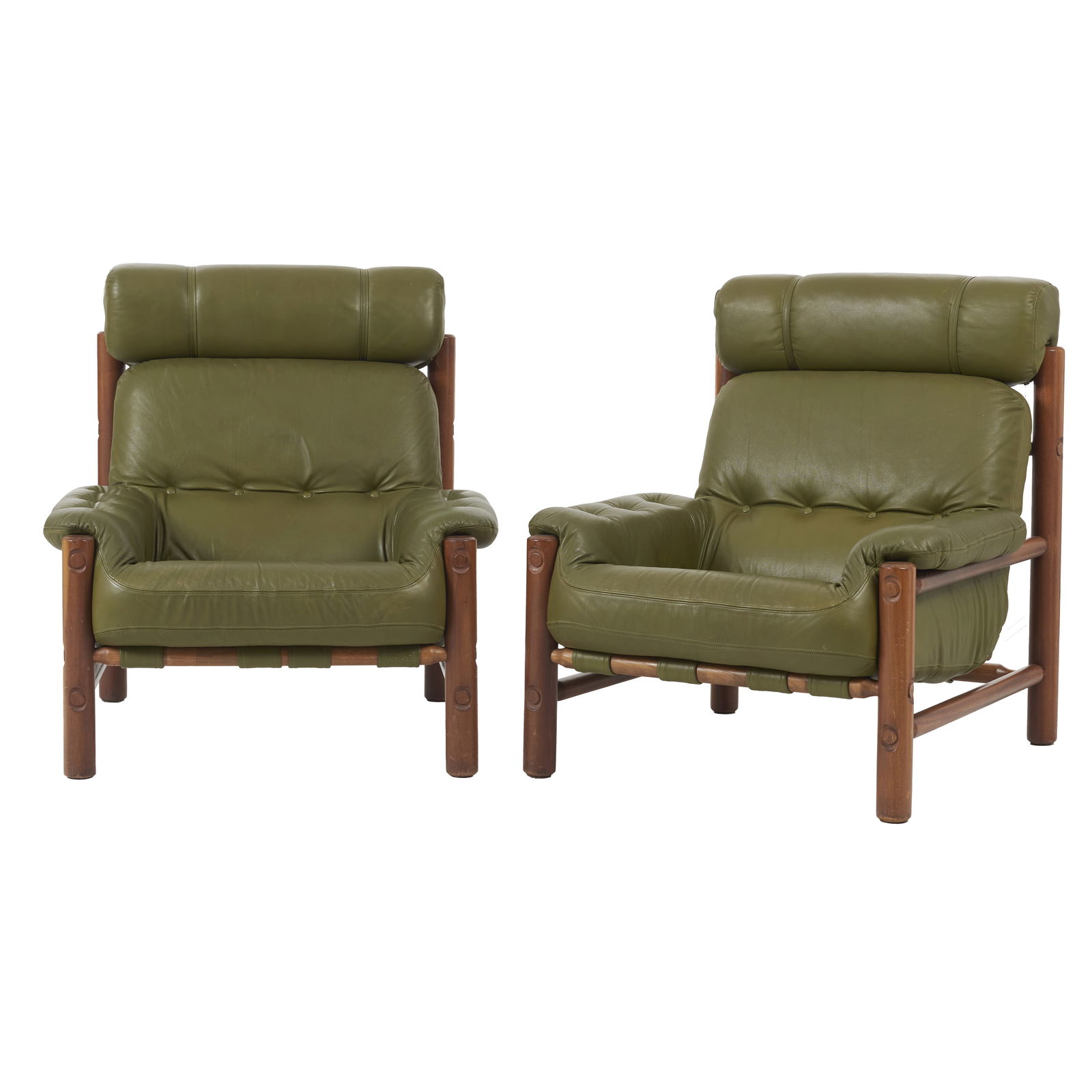 ARNE NORELL (1917-1971) - Two 'Easy' Armchairs: Sweden, c. 1970, beech frame, green leather upholstery with buttons, inspired by safari chairs, designed by Arne Norell for Arne Norell Ab. Minimal wear, signs of use. Dim.: 90.5x81x83cm (each).