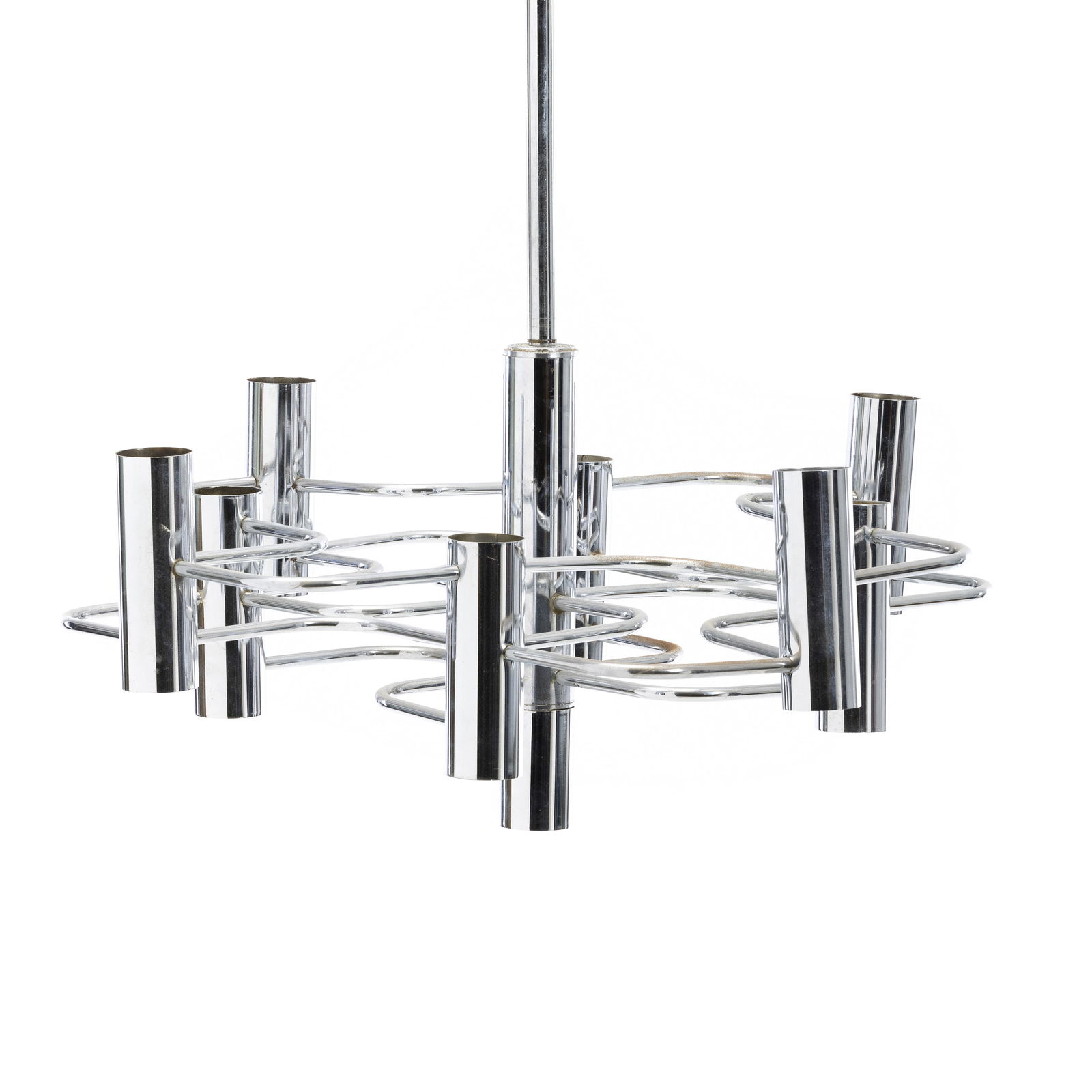 GAETANO SCIOLARI (1927-1994) - Tubular ceiling lamp: Italy, c. 1970, chrome-plated metal structure with tubular decoration, with eight lights, electrified. Signs of use, slight oxidisation. Dim.: 65x67 cm