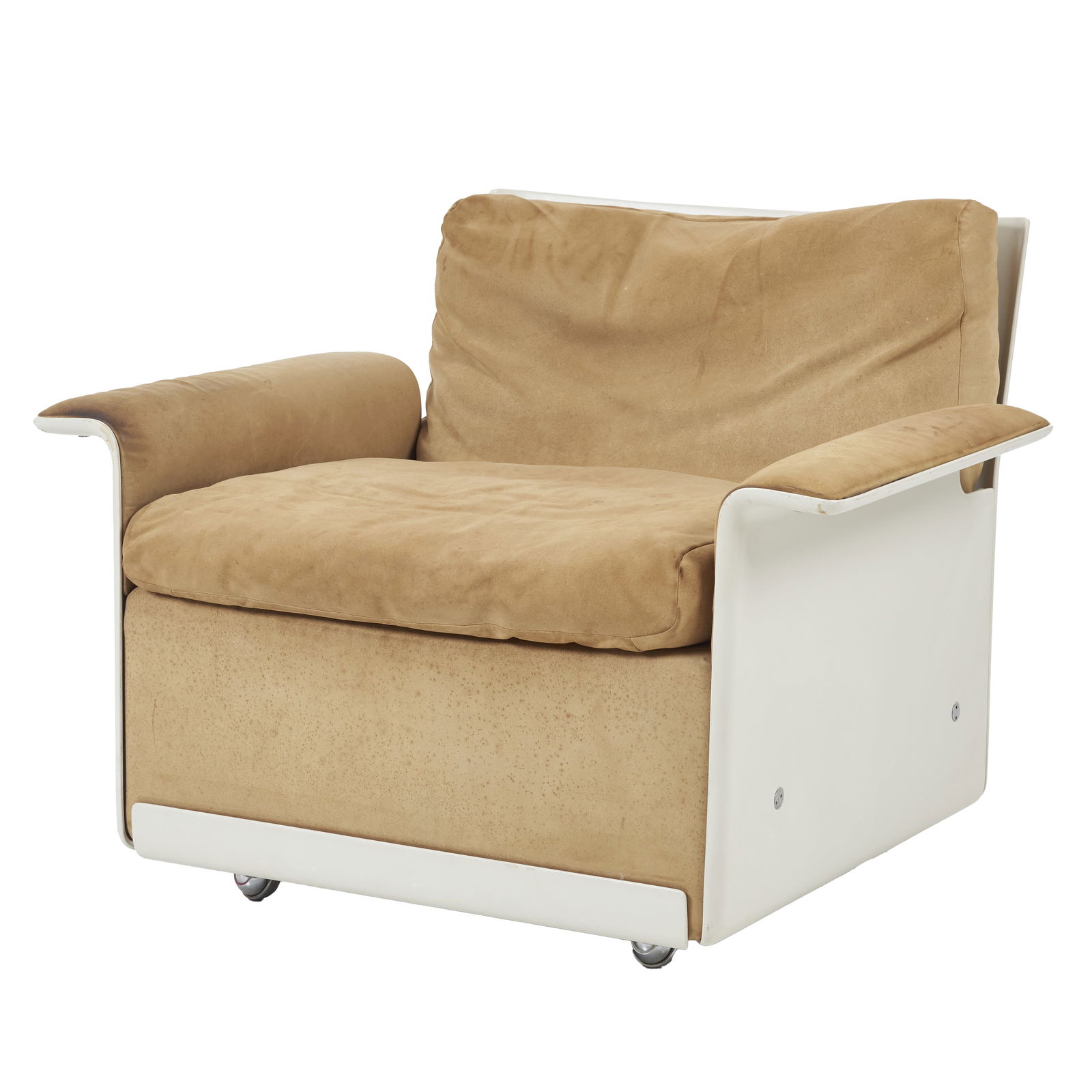 DIETER RAMS (b. 1932) - '620' armchair: Germany, c. 1960, white-lacquered fiberglass frame, padded seat and backrest upholstered in brown fabric, with castors, designed by Dieter Rams for Vitsoe & Zapf. Signs of use. Dim.: 65.5x87x68cm.