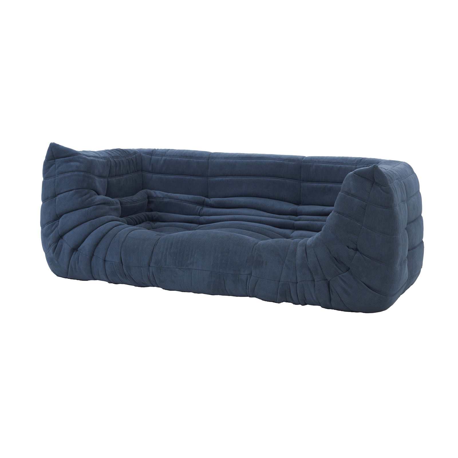 MICHEL DUCAROY (1925-2009) - 'Togo' three-seater sofa: France, c. 1970, foam sofa, upholstered in blue fabric, three-seater, designed by Michel Ducaroy for Ligne Roset. Marked. Signs of use. Dim.: 73x176x97cm.