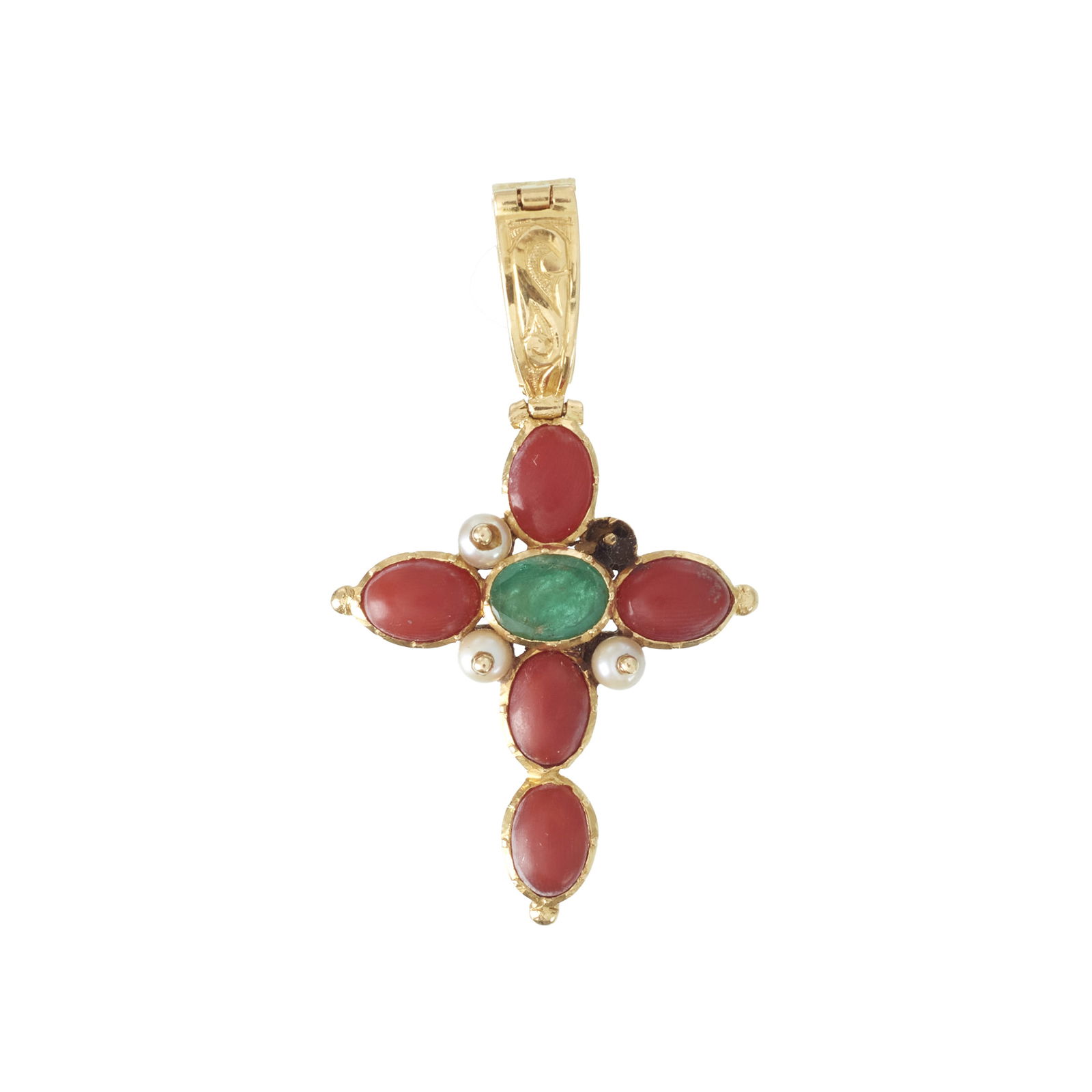 Gold cross with emerald and hardstones: Gold, 800 deer hallmark, with central green stone, arms set with corals and pearls. One pearl missing, signs of use. Approx. total weight: 6.7g. Dim.: 4.5cm.