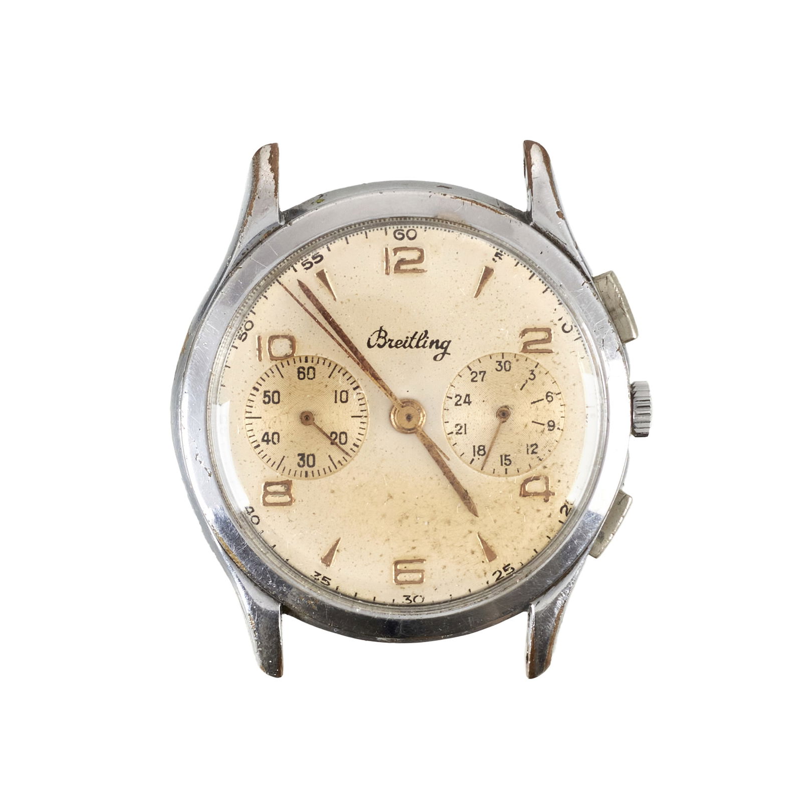 BREITLING - Chronograph wristwatch: Switzerland, c.1950, steel case, manual-wind mechanical movement, chronograph. Without bracelet, with some stains on the interior. Dial diameter: 3.5 cm.