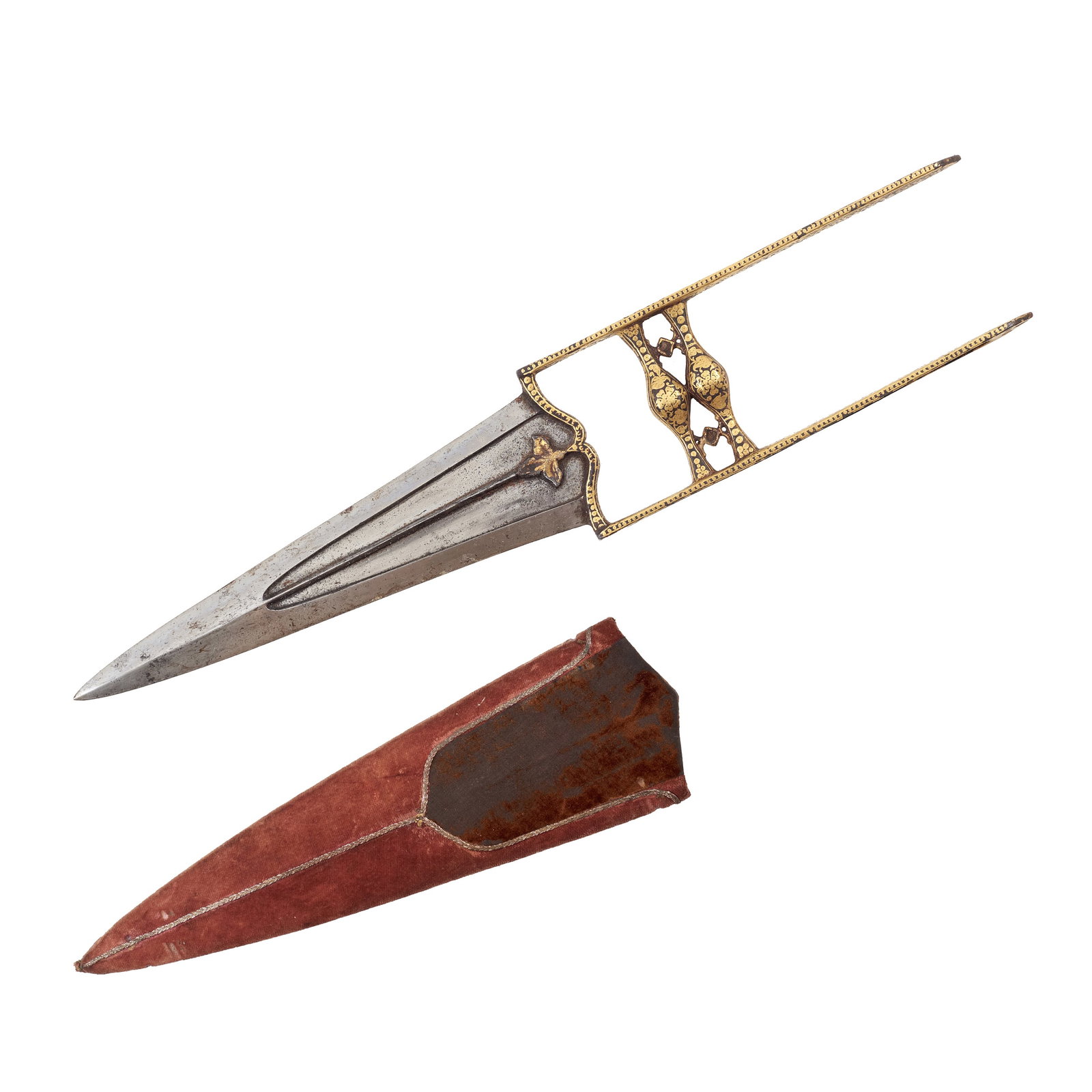 Indian Dagger, Katar: India, Rajsthan, 18th/19th century, straight blade, damascened, double-edged with triangular cross-section, typical handle, two crossed bars joined at the center, decorated with golden floral motifs,