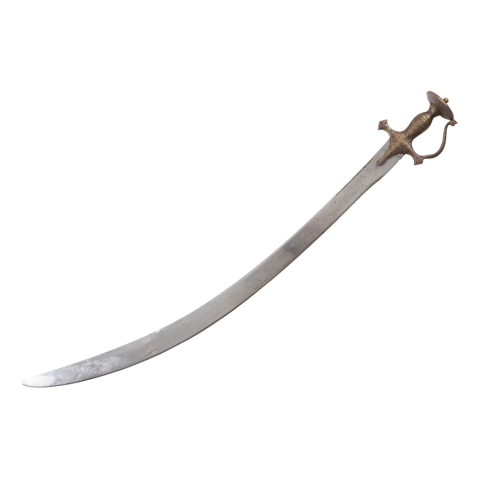 Delhi-Shahi gold damascened Tulwar: India, 18th century, single-edged curved blade in Damascus steel, Delhi-Shahi style iron hilt, with guard attached to the pommel disc, decorated with gold-engraved plant motifs. Signs of use. Dim.: 91