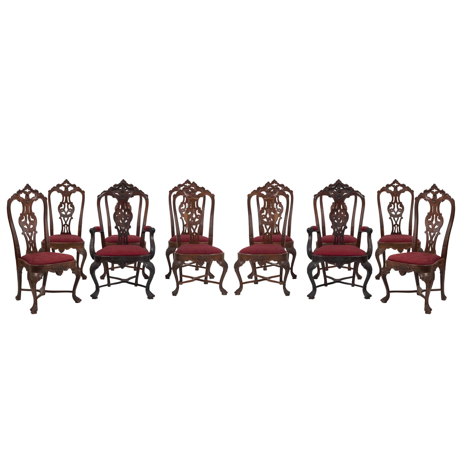 Two armchairs and twelve D. Jose chairs: Portugal, 18th Century, carved rosewood, pierced backrest decorated with raised frieze, central splat with openwork, curved legs, arms and feet with scrolls, upholstered in red satin fabric. Signs of