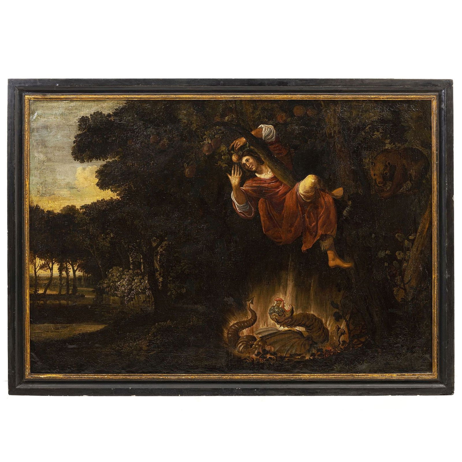 ITALIAN SCHOOL, 17thC - Eve picking the forbidden fruit: Oil on canvas, biblical scene of the Fall of Man, with Eve reaching out to pick the forbidden fruit from the tree of knowledge of good and evil, below Eve the crowned serpent of Eden lurks in the scen