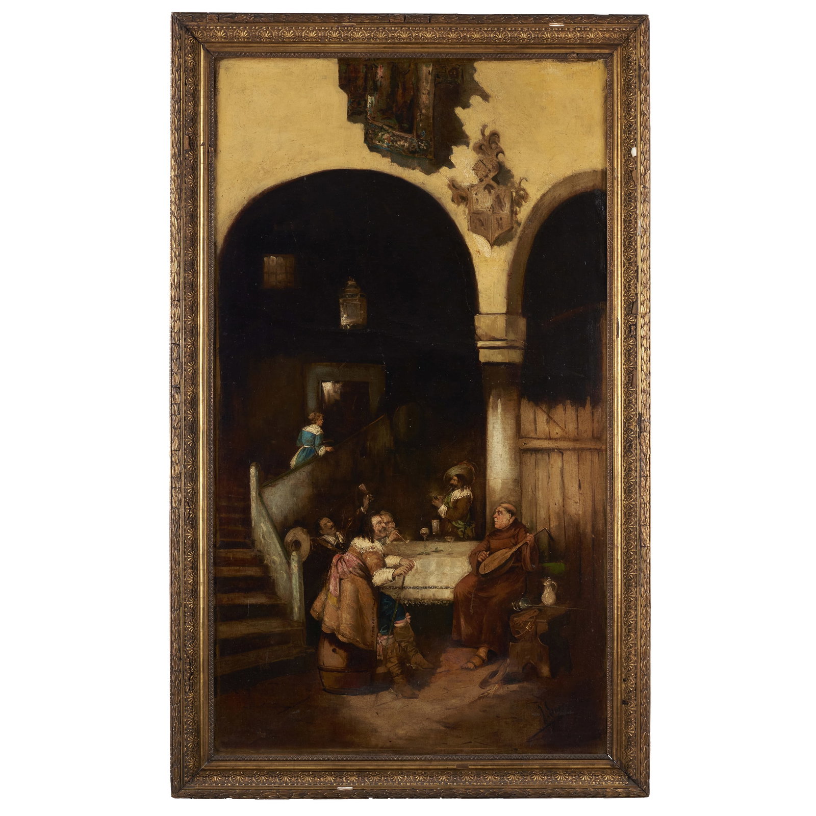 SPANISH SCHOOL, 19th Century - 'Andalusian Courtyard with soldiers and monk' (1 of 1)