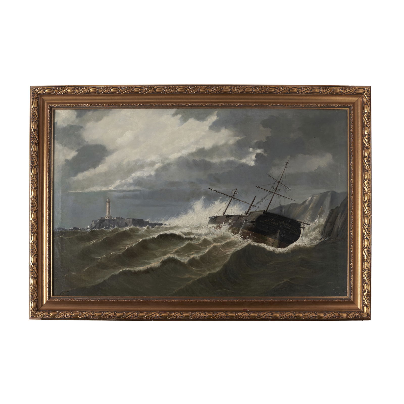 SPANISH SCHOOL, 19th Century - Seaship riding a storm with lighthouse (1 of 1)