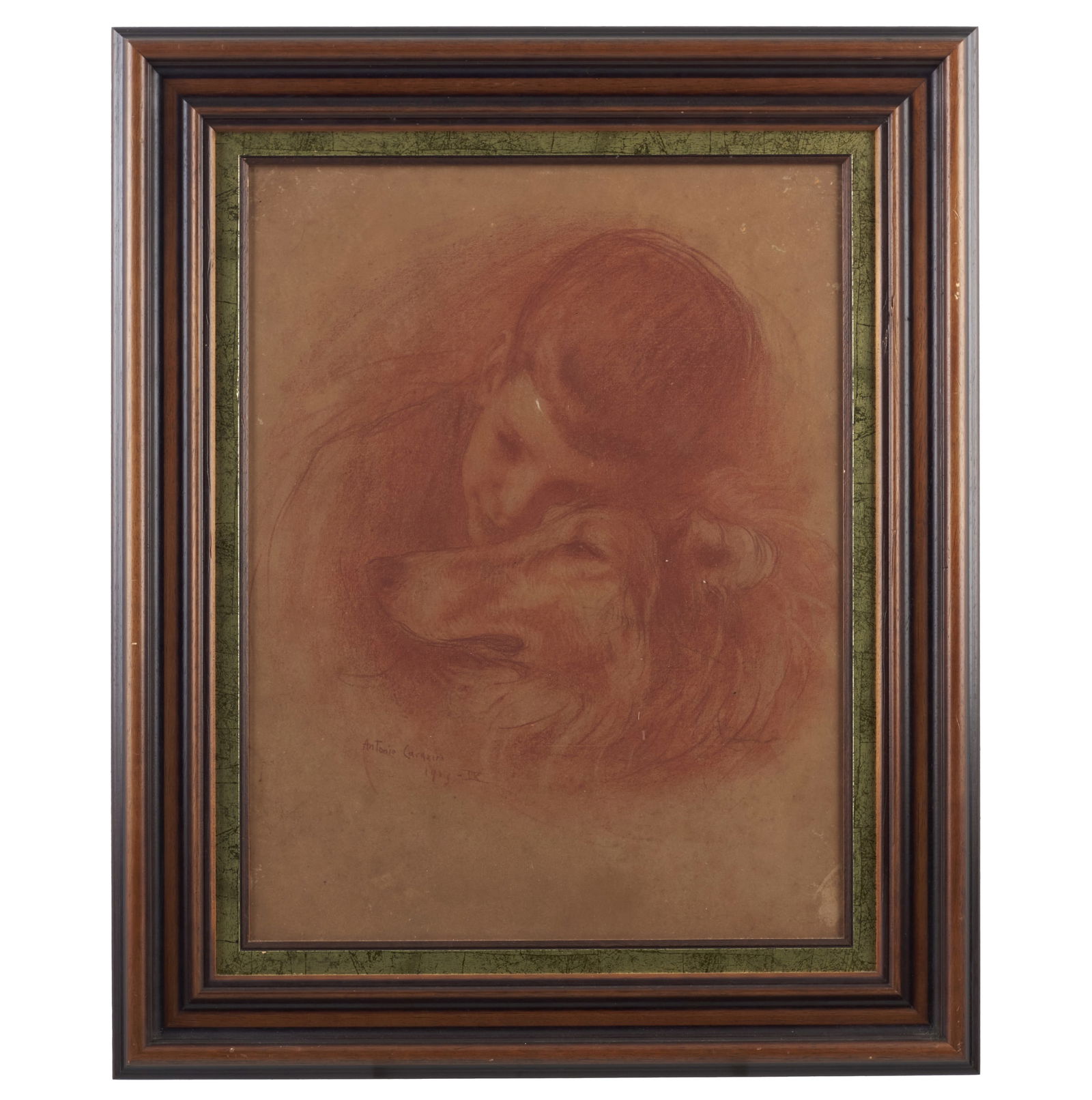 ANTONIO CARNEIRO (1872-1930) - Boy with dog: Red chalk on paper, signed and dated 1913. Framed. Signs of use. Dim.: 57x43cm.