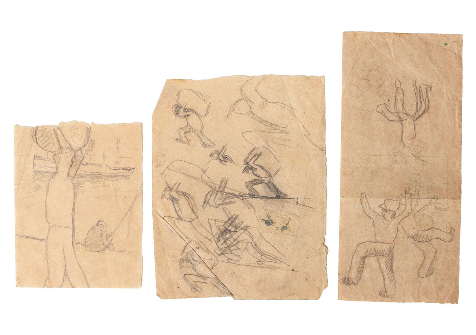DOMINGUEZ ALVAREZ (1906-1942) - Three preparatory sketches: Graphite drawings on paper, two preparatory studies for the work 'Men with Baskets' and figures dancing and playing a horn. Provenance: artist's estate, Rua da Vigorosa (Porto). Signs of use. Dim.: 15