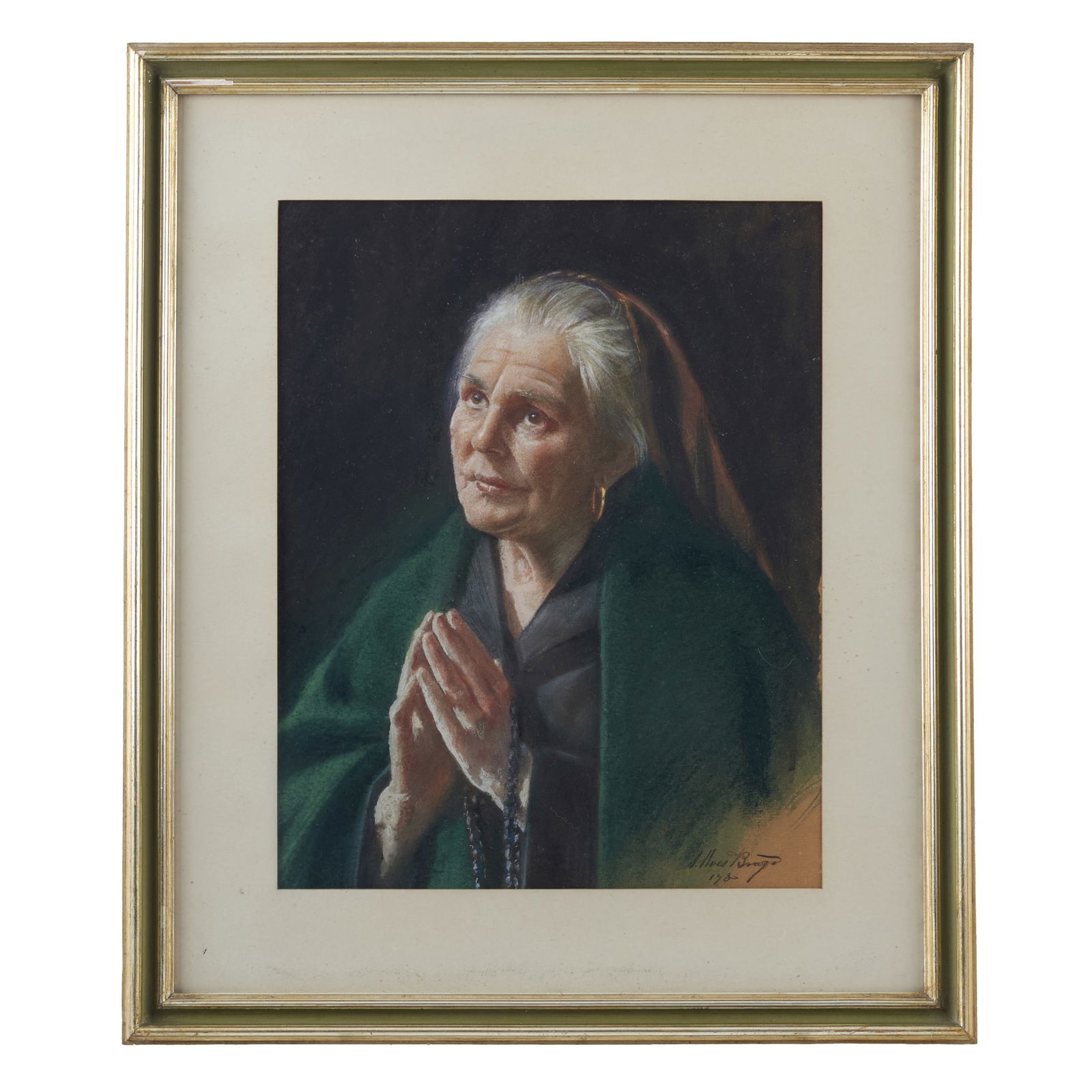 A. ALVES BRAGA (20th Century) - Lady praying: Pastel on paper, signed and dated 1930. Framed. Signs of wear. Dim.: 40x30.5cm.