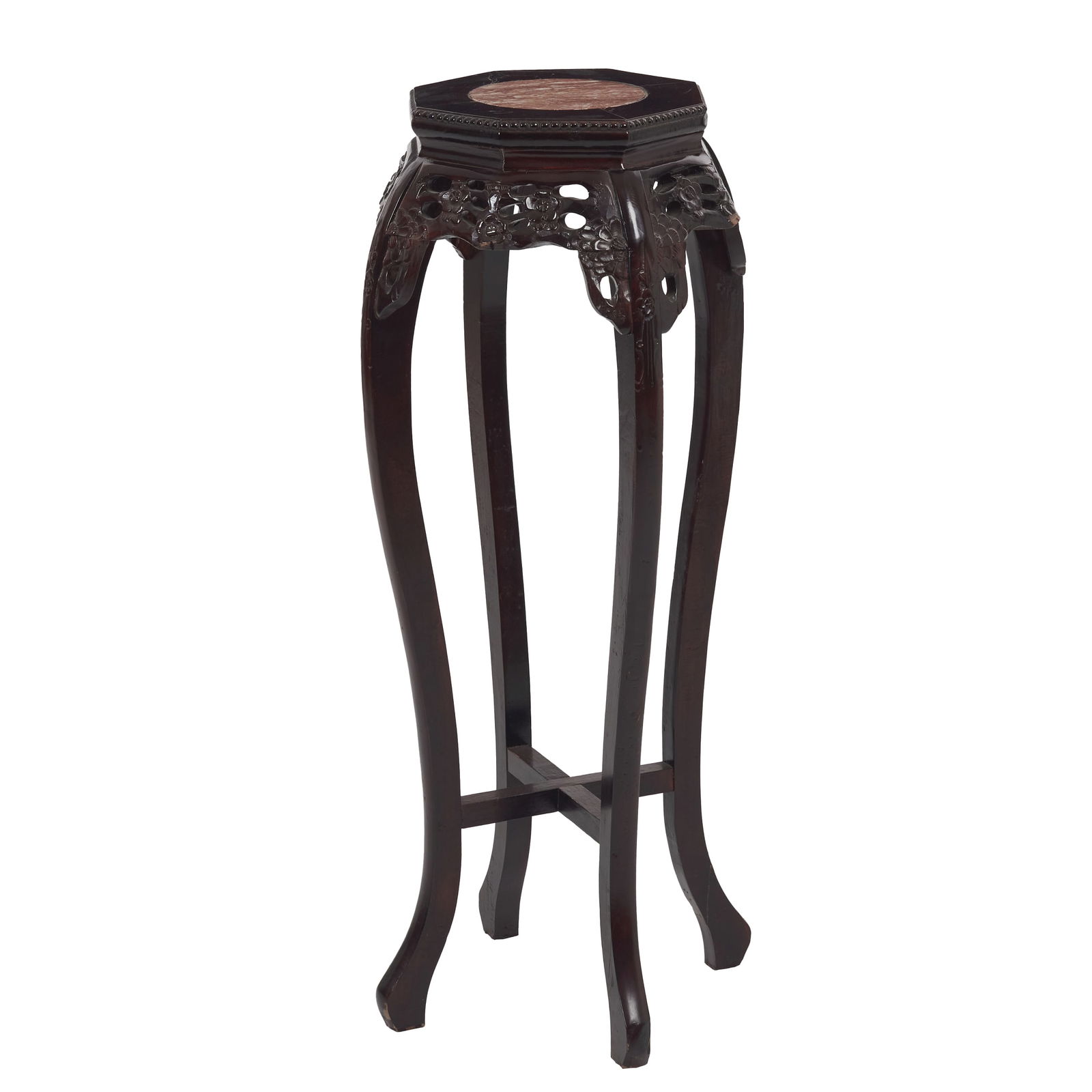 Pedestal hongmu stand: China, Minguo, in hongmu, carved and openwork decoration of floral and contoured motifs, top with pink marble inlay, curved legs. Minor flaws and scratches. Dim.: 93cm.