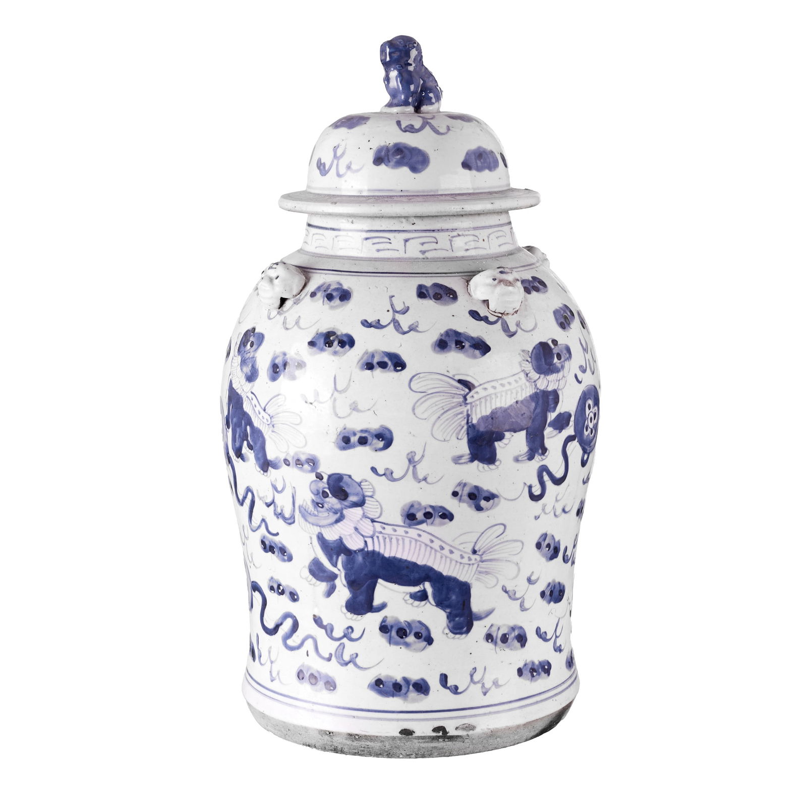 Chinese porcelain lidded pot, Tongzhi: China, Tongzhi, porcelain, blue decoration on a white background, with Shi lions surrounded by clouds, body with embossed lion heads, pommel in the shape of a Foo dog. Minor defects. Dimensions: 47cm.