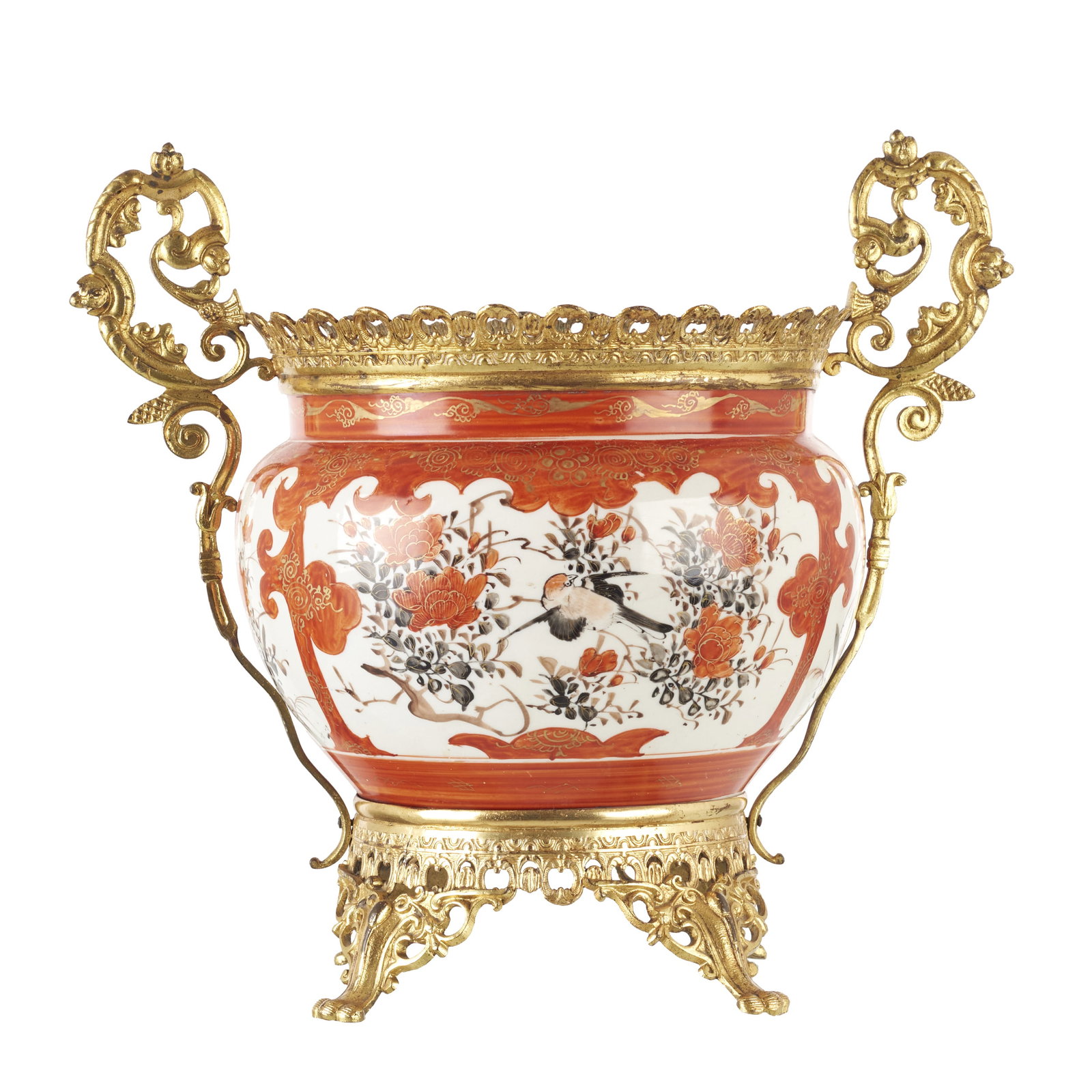 Japanese 'Satsuma' vase in porcelain with bronze mounts: Japan, 19th c., Meiji, polychrome decoration in rouge-de-fer, black and gold, reserves with floral and bird motifs, gilt bronze mount, embossed and openwork. Marked on the base. Minor enamel wear, sig