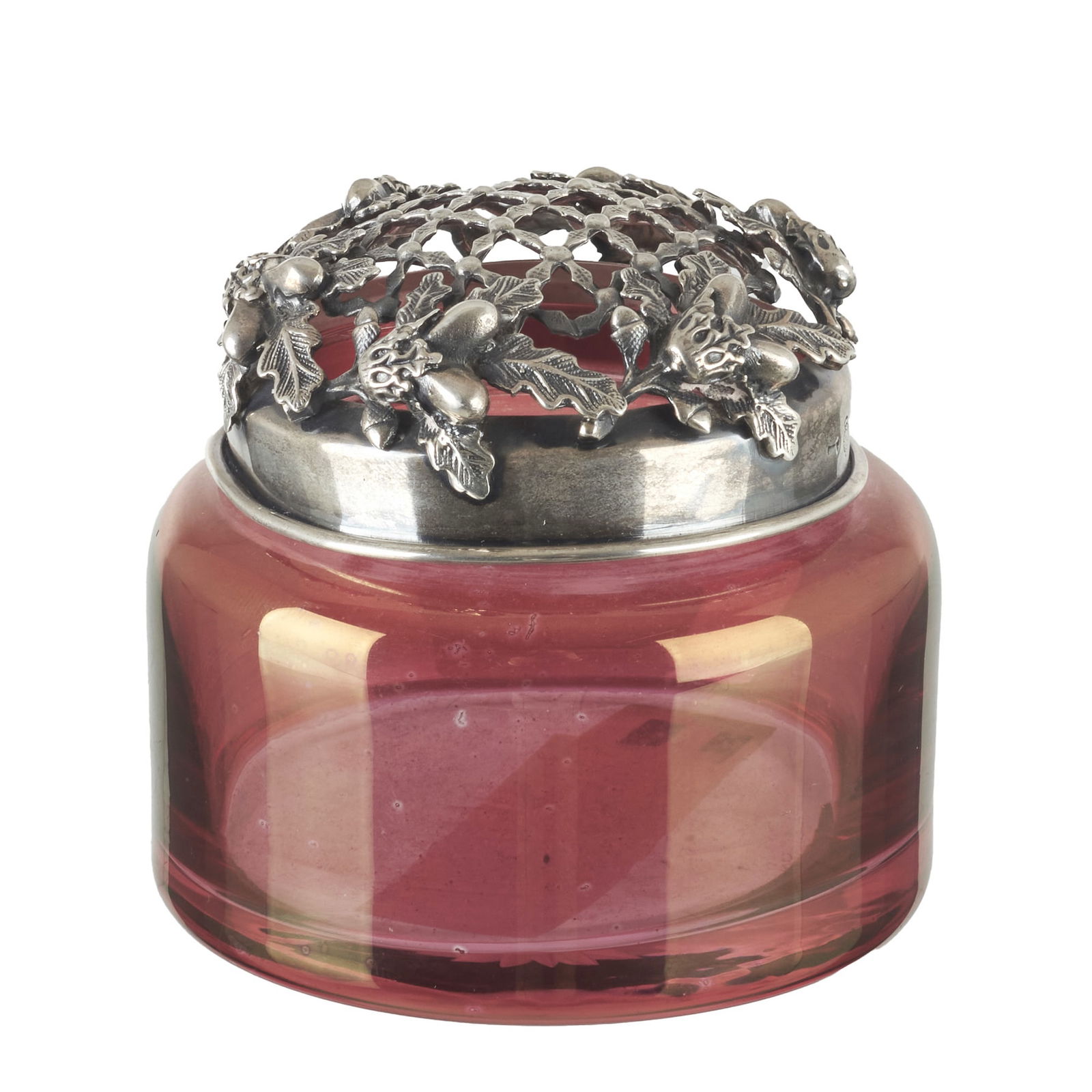 ITALIAN WORK, 20thC - Art Nouveau style pot-pourri in crystal and silver.: Italy, 20th century, iridescent red crystal signed 'Loulu' on the base, with a hallmarked 925 silver lid, embossed eagle, fenestrated and embossed decoration with vegetal elements. Weight (silver