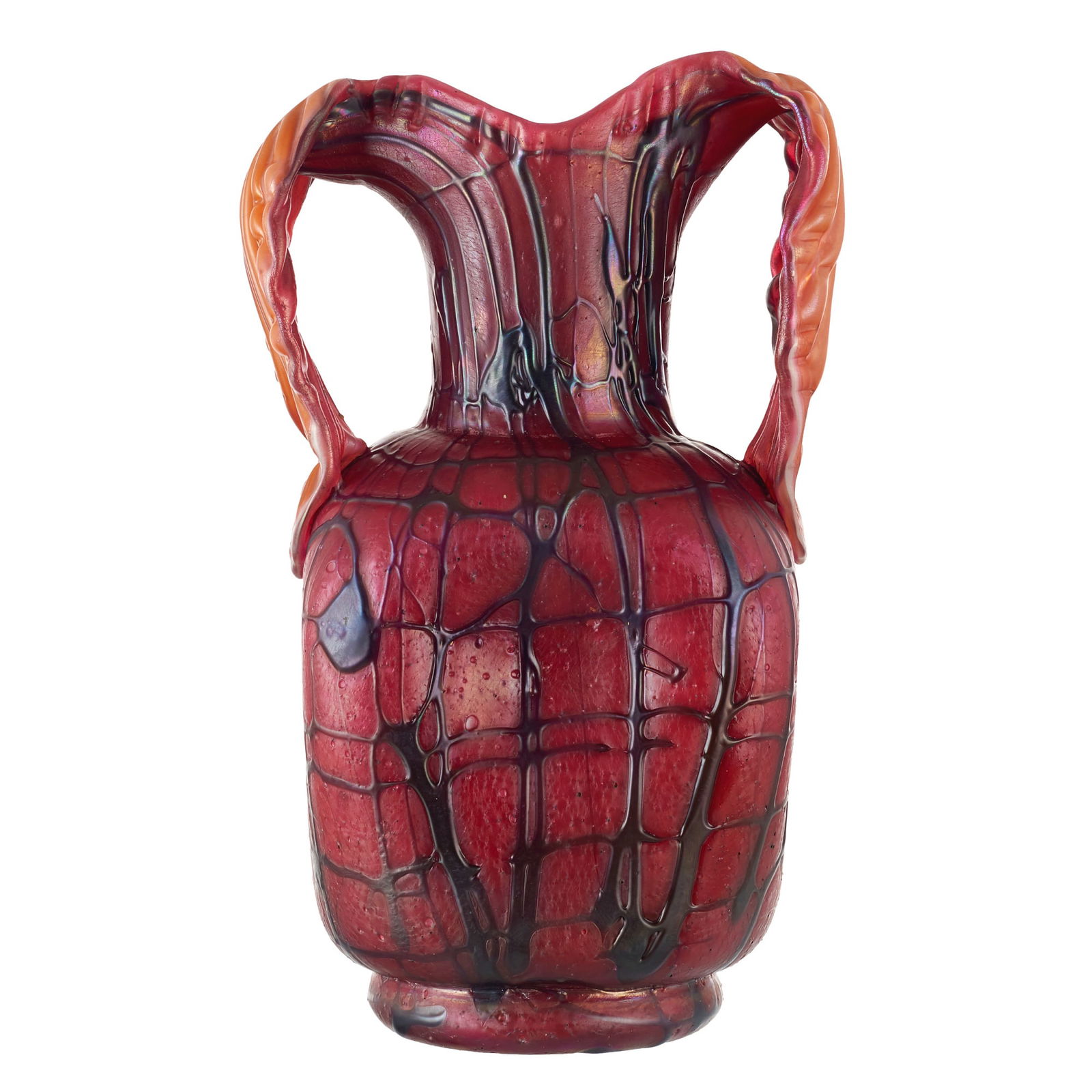 PALLME-KONIG (20th Century) - Art Nouveau glass jar: Bohemia, 20th century, molded glass in organic shapes, decorated with iridescent veins, mouth with orange-toned interior. With a label on the base, signs of use. Dim.: 32.5cm.