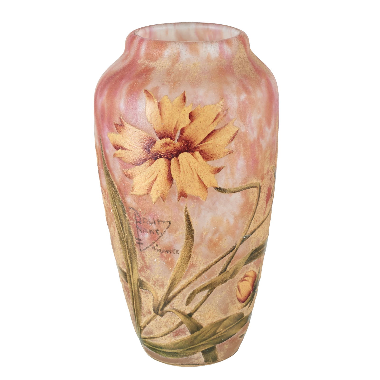 DAUM NANCY - Rudbeckias vase in enamelled glass: France, Nancy, c. 1900, Art Nouveau, multicolored glass paste, acid-etched, decorated with a stylized rudbeckias pattern. Signed. Signs of use. Dimensions: 12.5 cm