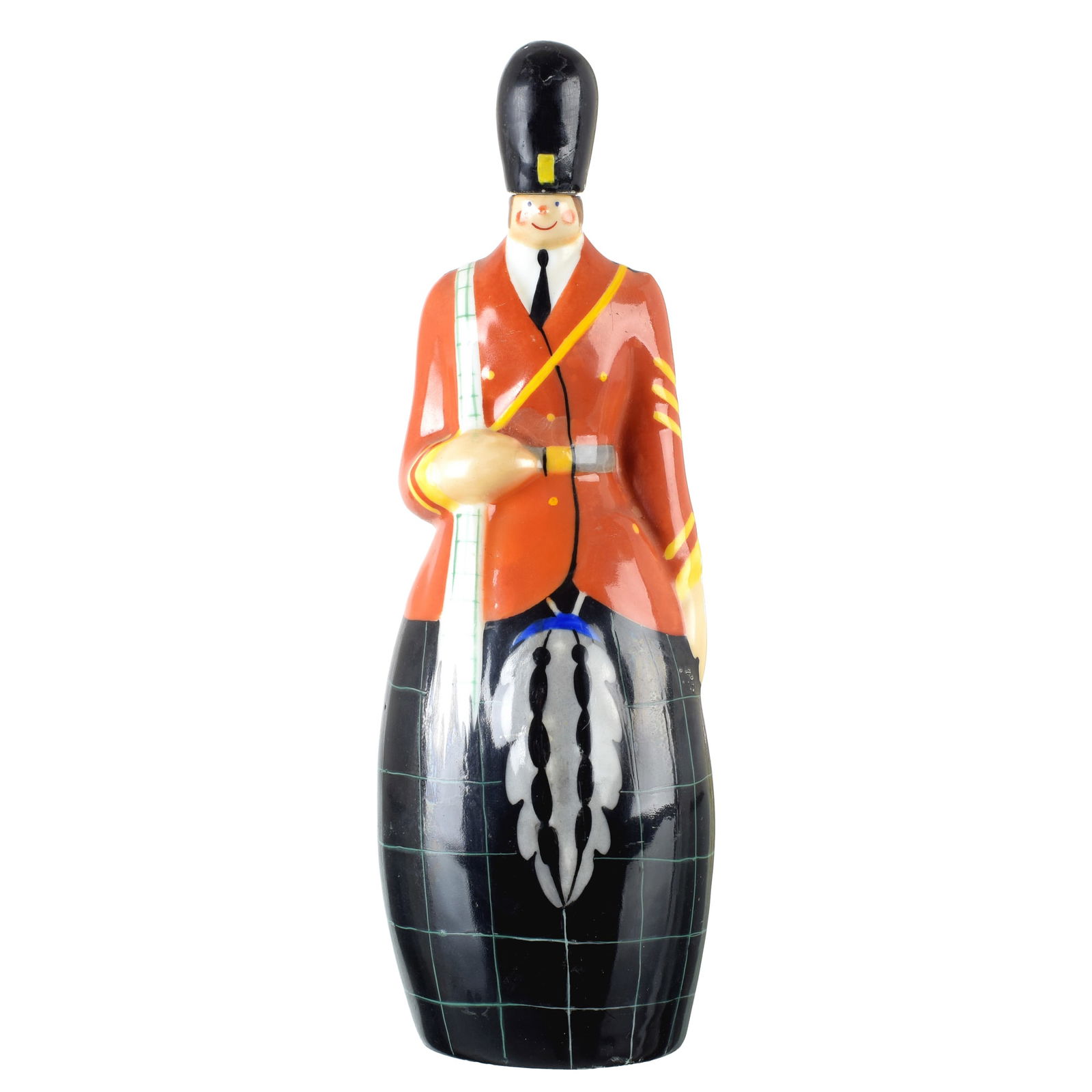 ROBJ - Art Deco 'Scottish Guard' Bottle: France, c.1920, molded porcelain, polychrome glazed decoration, representing 'Scottish Guard', topped by a removable stopper. Marked 'Robj - Paris - Made in France'. Reproduced in Vanna Brega