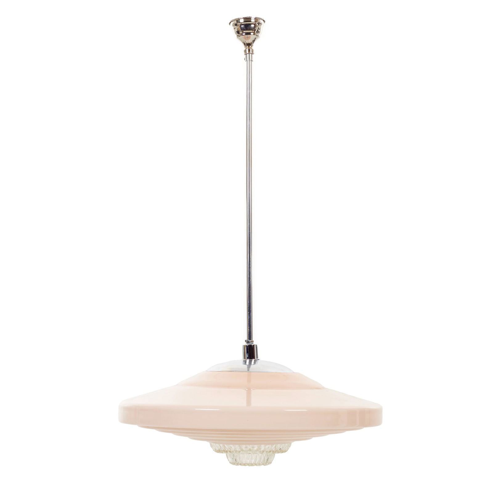 Portuguese work, c.1930 - Art Deco ceiling lamp: Portugal, c.1930, structure in opaque pink glass and faceted transparent glass and chromed metal. Signs of use. Dim.: 97cm