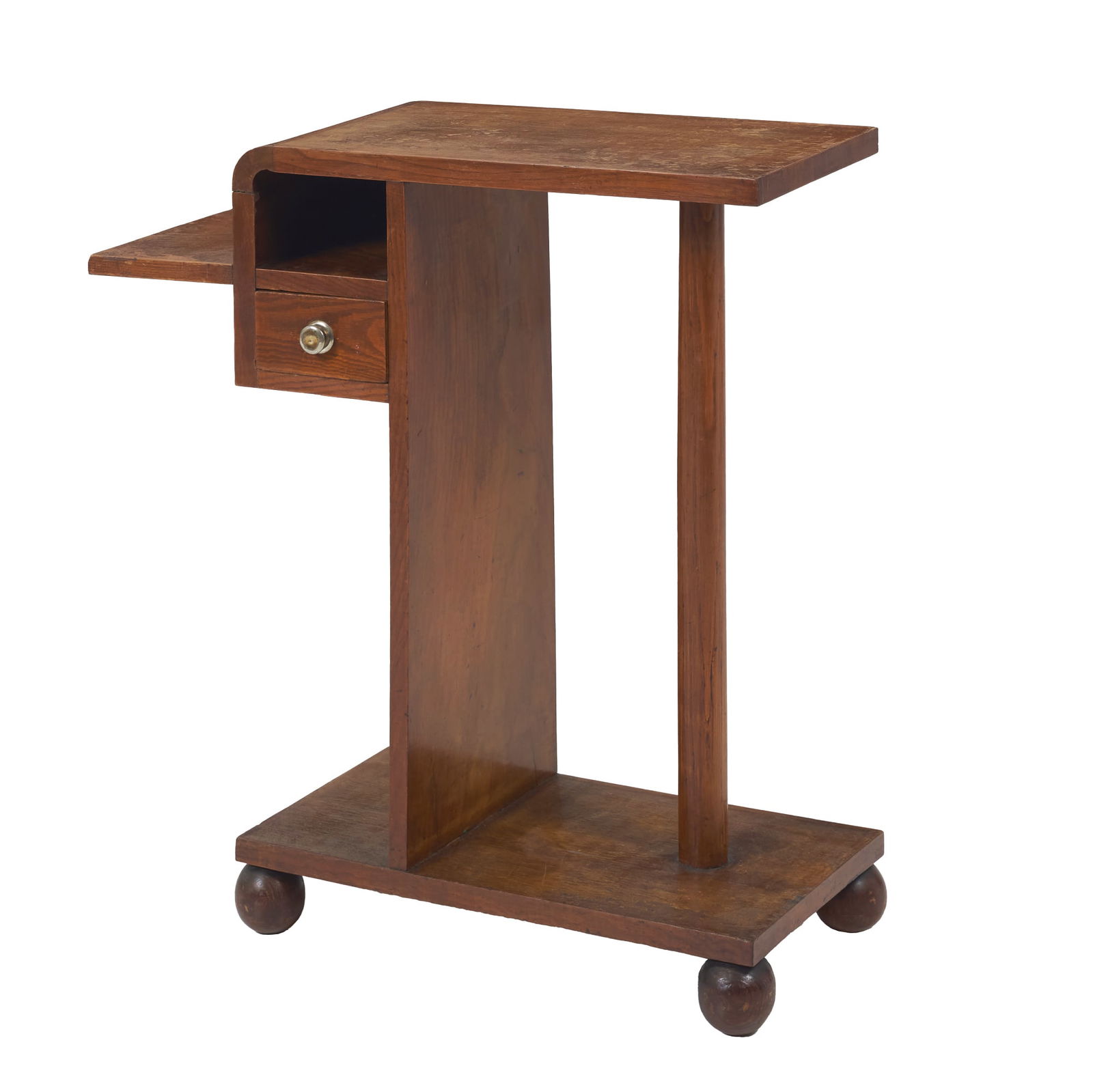 FRENCH WORK, c.1930 - Art Deco side table: France, c. 1930, in walnut, with one drawer. Signs of use and wear. Dim.: 75.5 x 69 x 5 x 31 cm