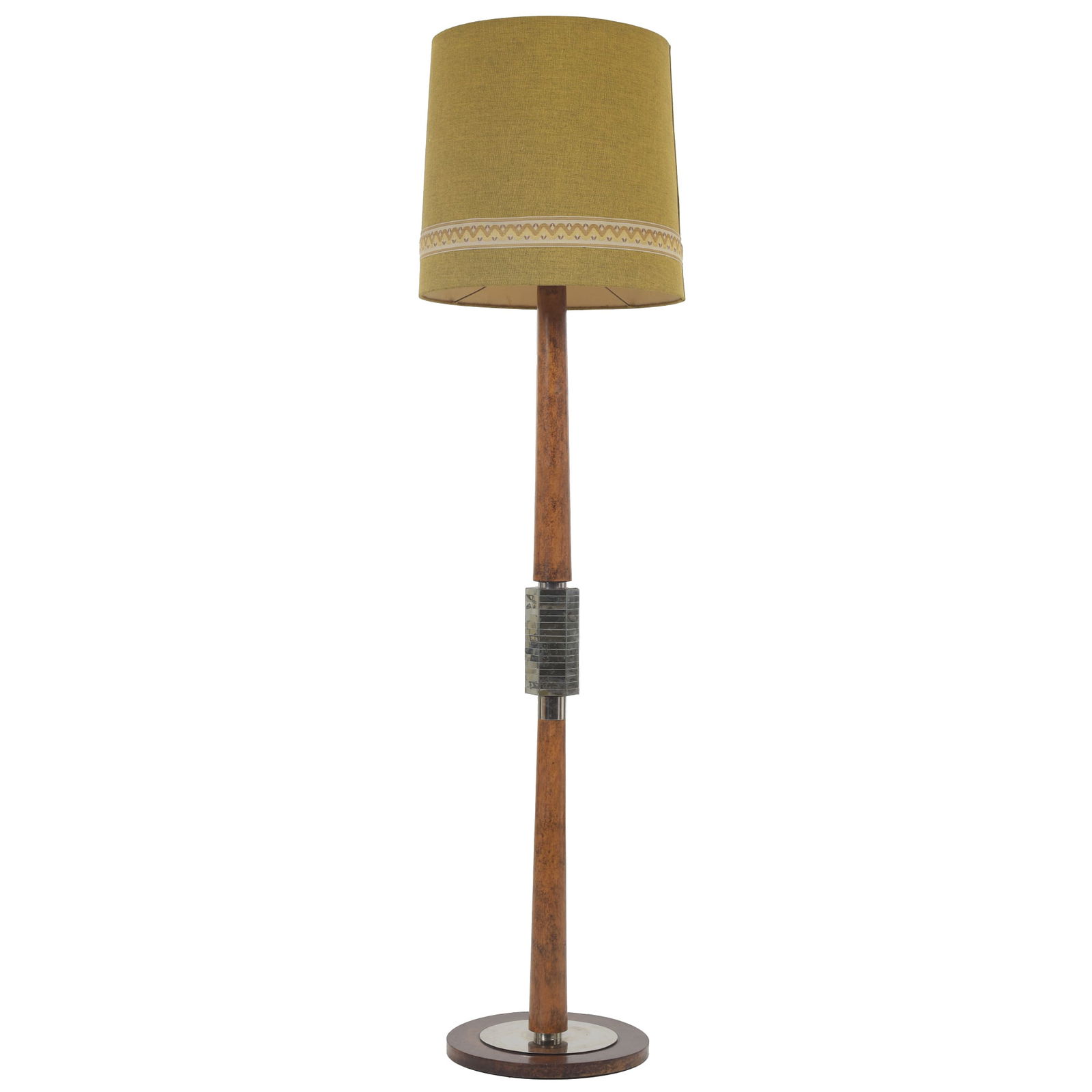 FRENCH WORK, c.1930 - Art Deco floor lamp: France, c.1930, walnut root structure, metal applications and mirrored glass. Signs of use, minor faults. Electrified. Dim .: 159.5cm.