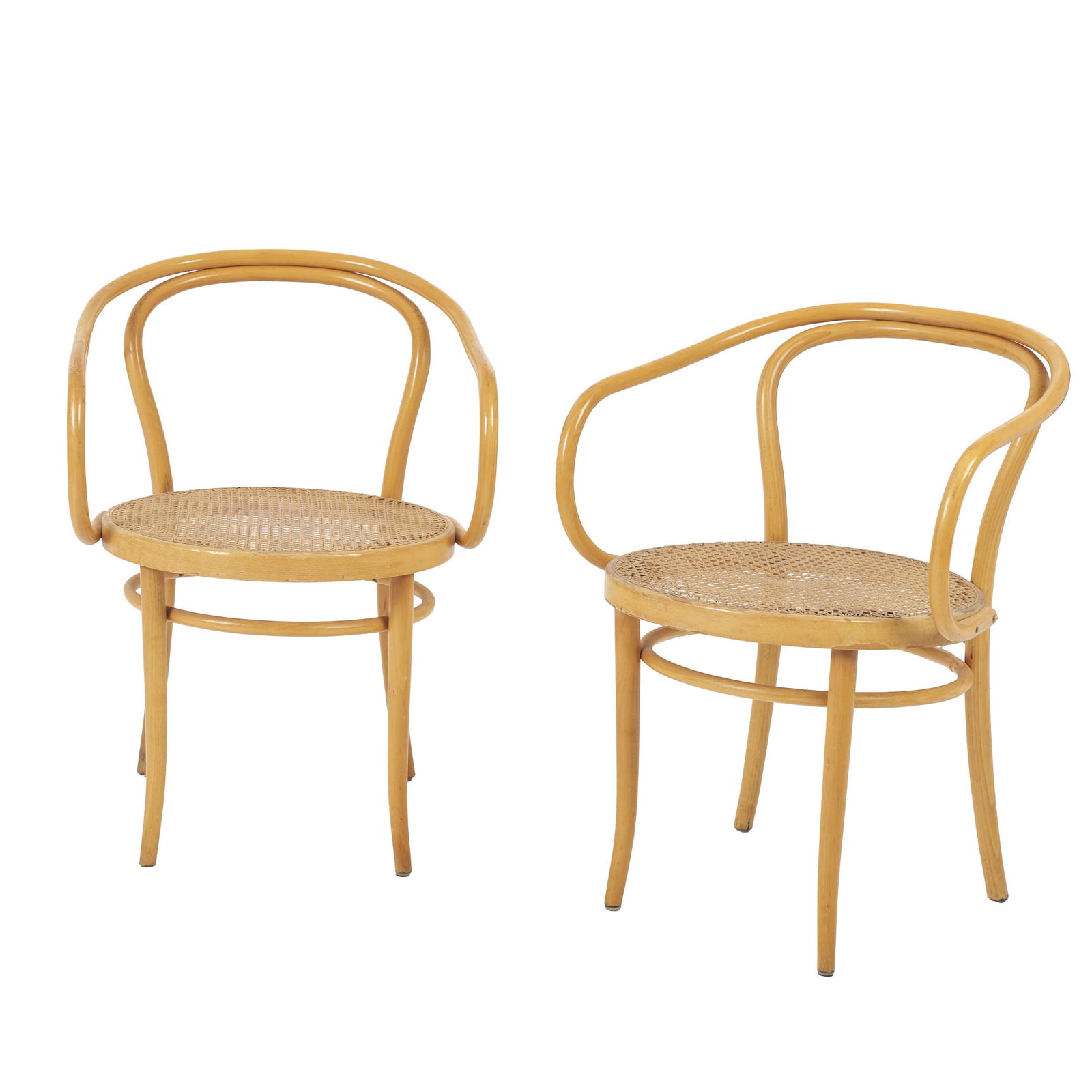 MICHAEL THONET, c.1950-60 - Set of two armchairs model 'B9': Czechoslovakia, c.1950-60, in beech wood, with cane seat, designed by Michael Thonet c.1870, produced by Ligna. One of the chairs with minor flaws and unstable structure, signs of use. Dim.: