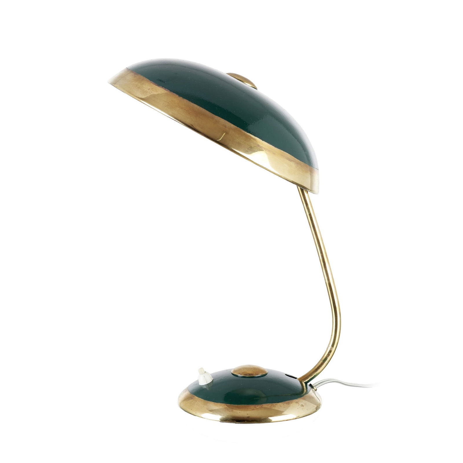HELO LEUCHTEN STYLE - Bauhaus lamp: Germany, c.1930-40, in brass partially enameled in green, disc-shaped diffuser. Electrified. Signs of use and oxidation. Dim.:35cm.