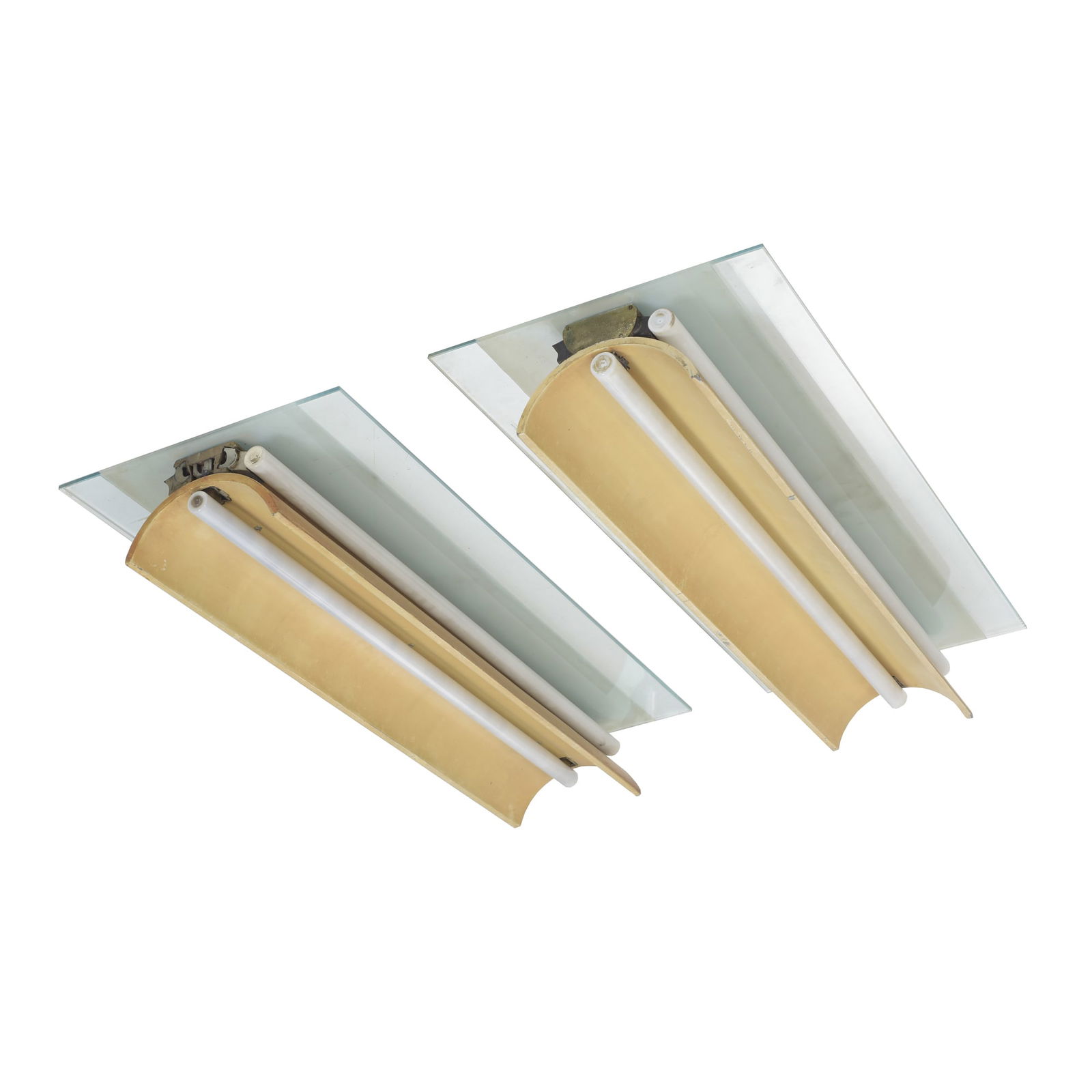 PORTUGUESE WORK c.1950 - Pair of ceiling sconces, Santa Maria Cruiseship: Portugal, c.1950, rectangular glazed ceramic and frosted glass concave diffuser. Originating from a 1st Class cabin on the Santa Maria passenger ship, reproduced in its promotional travel booklet.