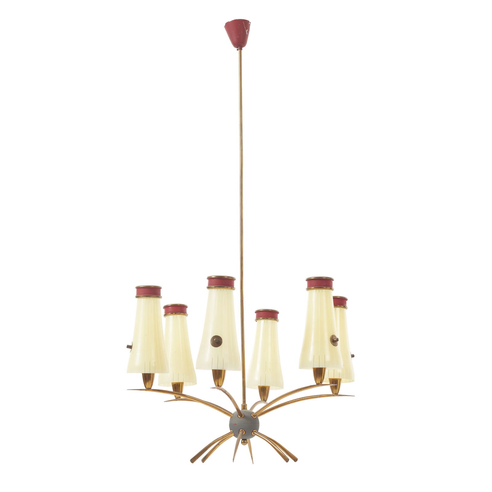 STILNOVO style (c.1950) - Six-light ceiling lamp: Italy, c.1950, in gilt brass and red lacquer, opaline glass shades. Electrified. Enamel wear, signs of use. Dim.: 125?63cm.