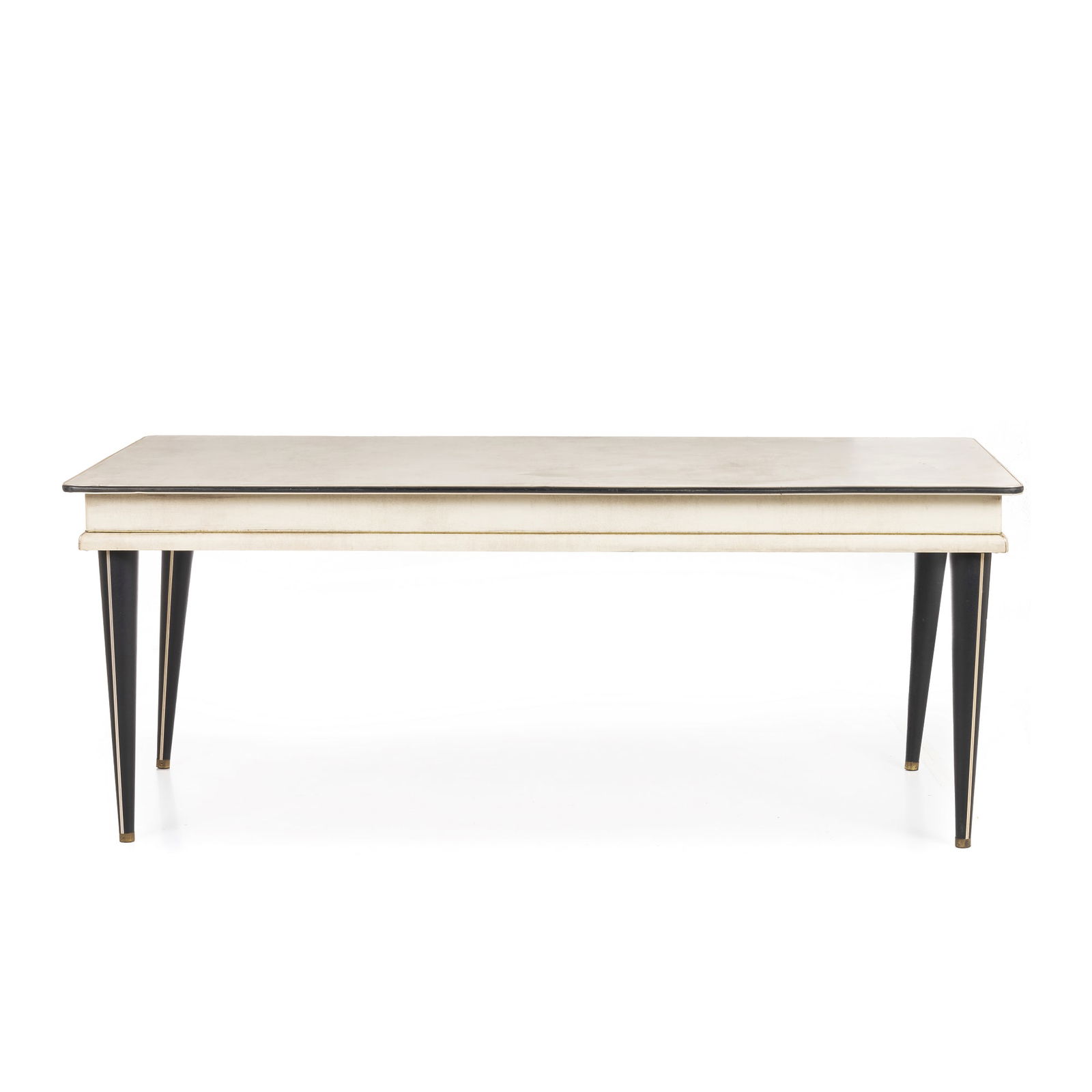 UMBERTO MASCAGNI (c.1950) - Dining table: Italy, c.1950, wooden table with a napa-leather-covered top and legs, metal fittings. Signs of wear. Dim.: 80 x 201 x 96 cm.