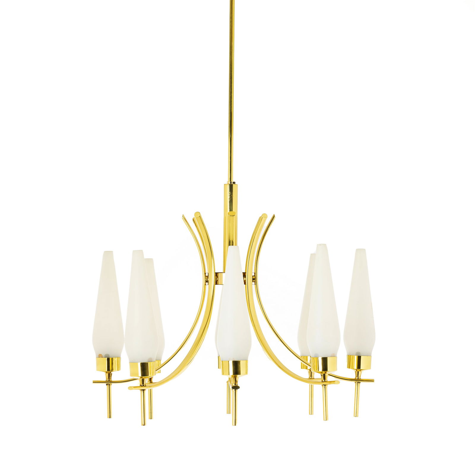 ANGELO LELLI (1911-1979) - Ceiling lamp model 12630: Italy, c.1950-60, made by Arredoluce, eight-light, model 12630, brass structure, satin white opaline glass shades. Signs of use. Dim: 60x115cm.