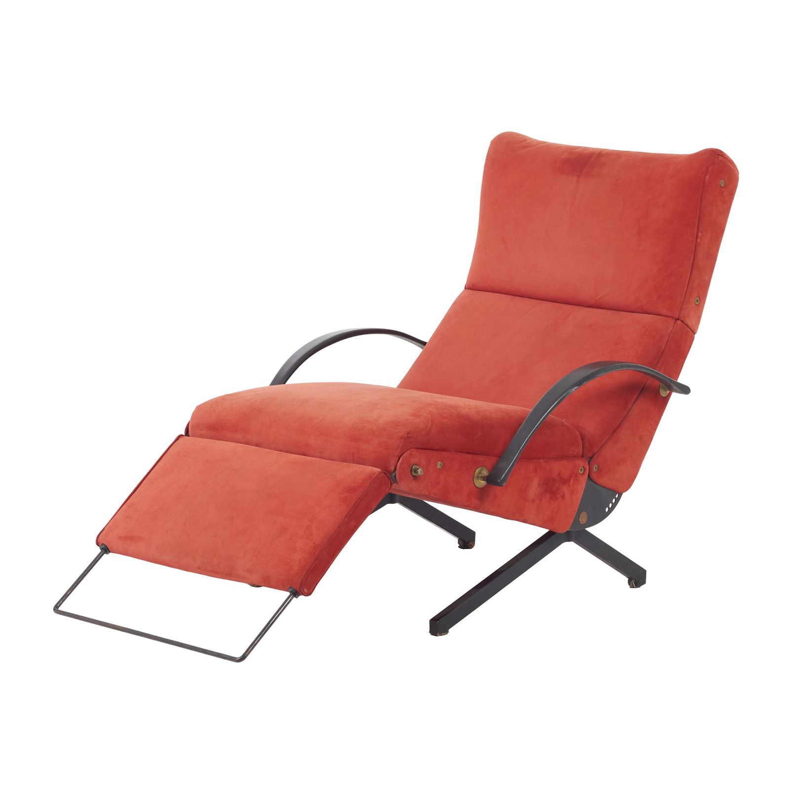 OSVALDO BORSANI (1911-1985) - P40 lounge chair: Italy, c.1955, structure in steel and black enamelled steel, upholstered in red suede, rubber armrests, brass fittings, adjustable. Design by Osvaldo Borsani for Tecno. Minimal wear to fabric and rubb