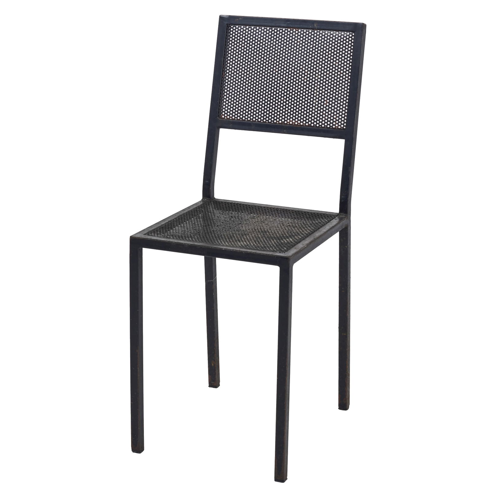 Style of MATHIEU MATEGOT (1910-2001) - Chair in perforated metal: France, c.1960, perforated metal, black lacquered. Signs of use, slight oxidation. Dimensions: 82.5x33x35cm.