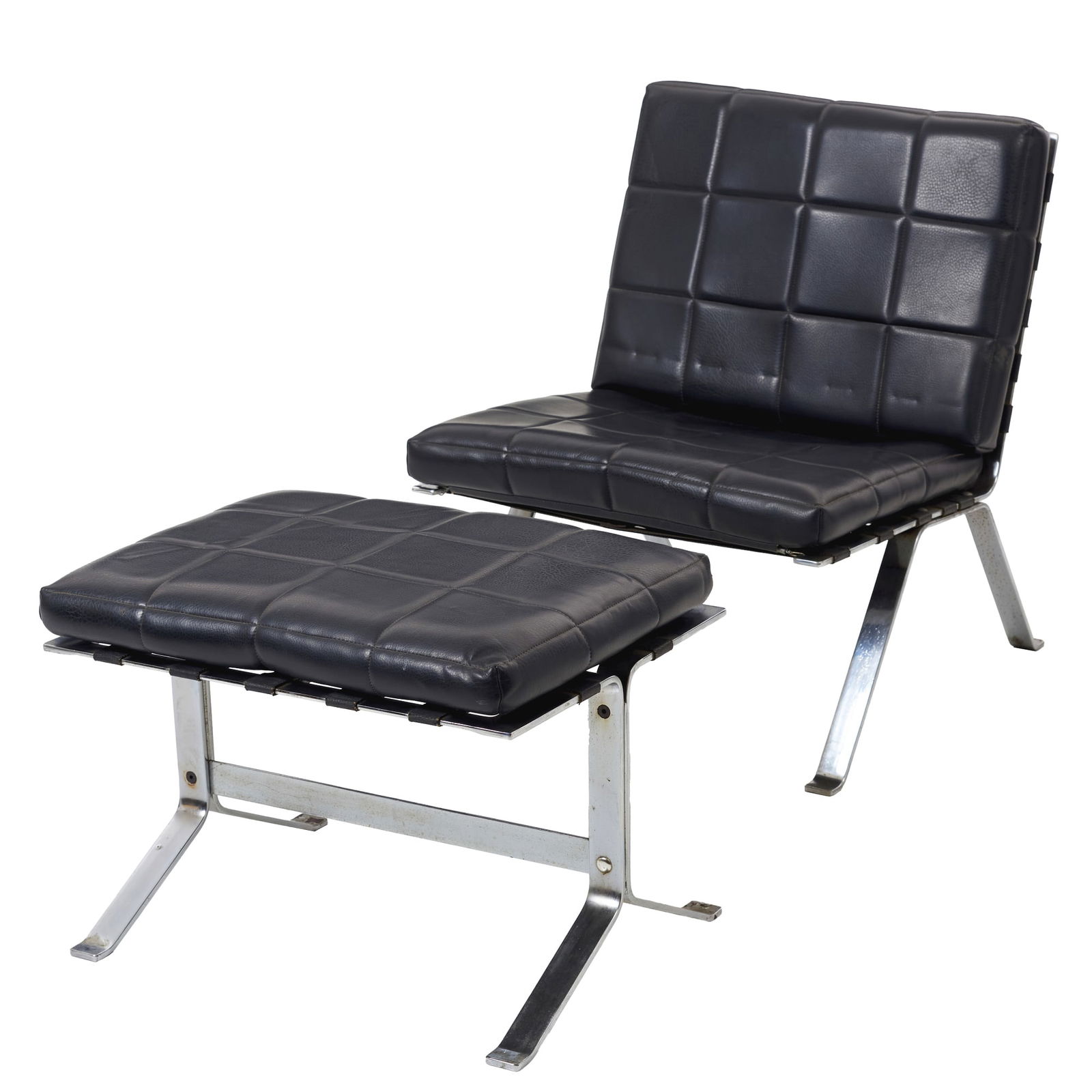 OLIVIER MOURGUE (b. 1939) - 'Joker' armchair with footstool: France, c. 1960, metal frame, upholstered in black faux leather, designed by Olivier Mourgue for Airborne. Oxidation and signs of use. Dim.: 75?58?72cm (armchair); 43?58.5?45.5cm (footstool).