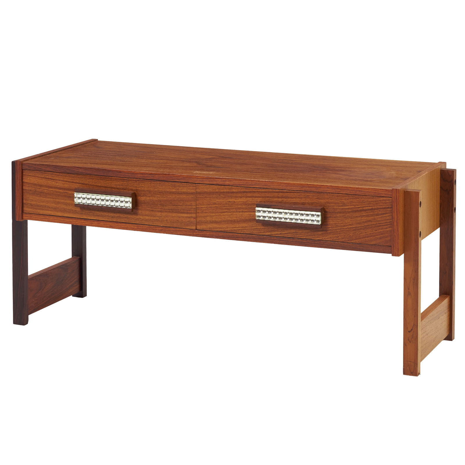 DANISH WORK, c.1960 - Side table with drawers: Denmark, c.1960, side table in rosewood and other woods, with two drawers, glass panel handles. Dimensions: 51x170x60cm.