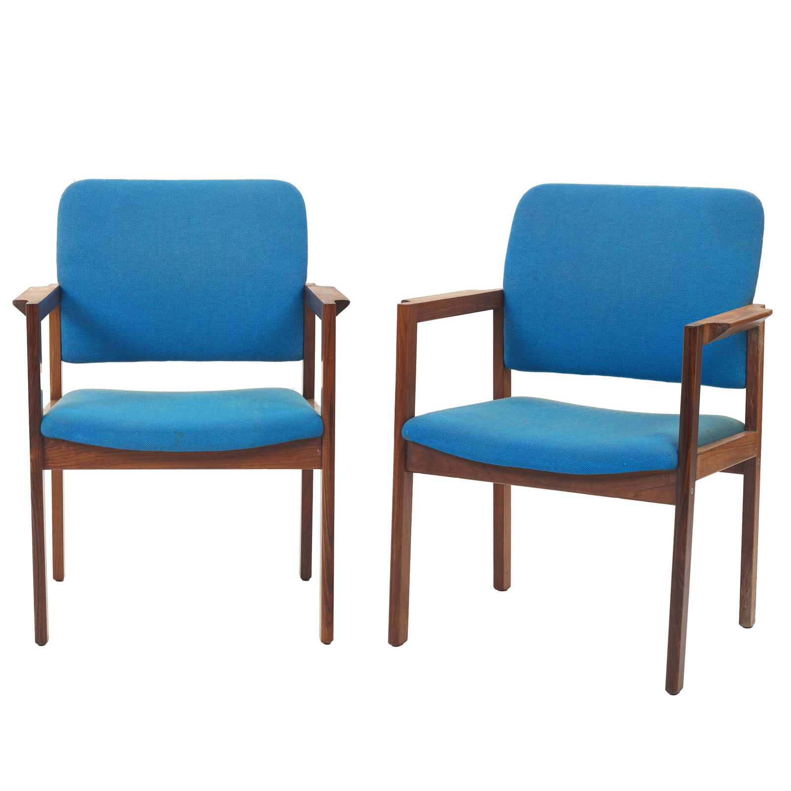BJERRINGBRO SAWVERK OG MOBELFABRIK - Pair of armchairs: Denmark, c.1960s. Pair of rosewood armchairs with blue wool seat and backrest covers. Manufactured at Bjerringbro Sawverk M?belfabrik. Signs of wear. Dimensions: 86x58x63cm.
