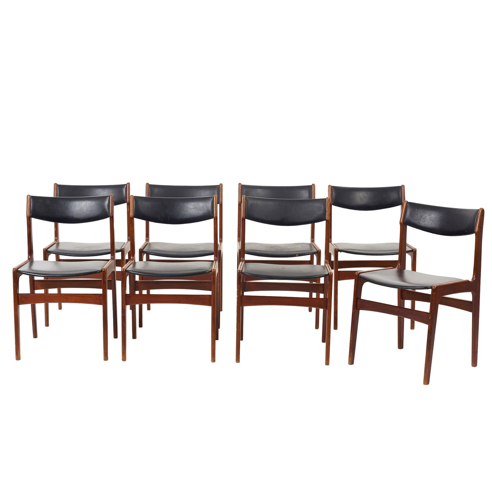 ERIK BUCH (1923-1982) - Set of eight chairs: Denmark, c.1960, set of eight rosewood chairs with black leather upholstery. Flaws and signs of wear. Dimensions: 61x79x48cm.