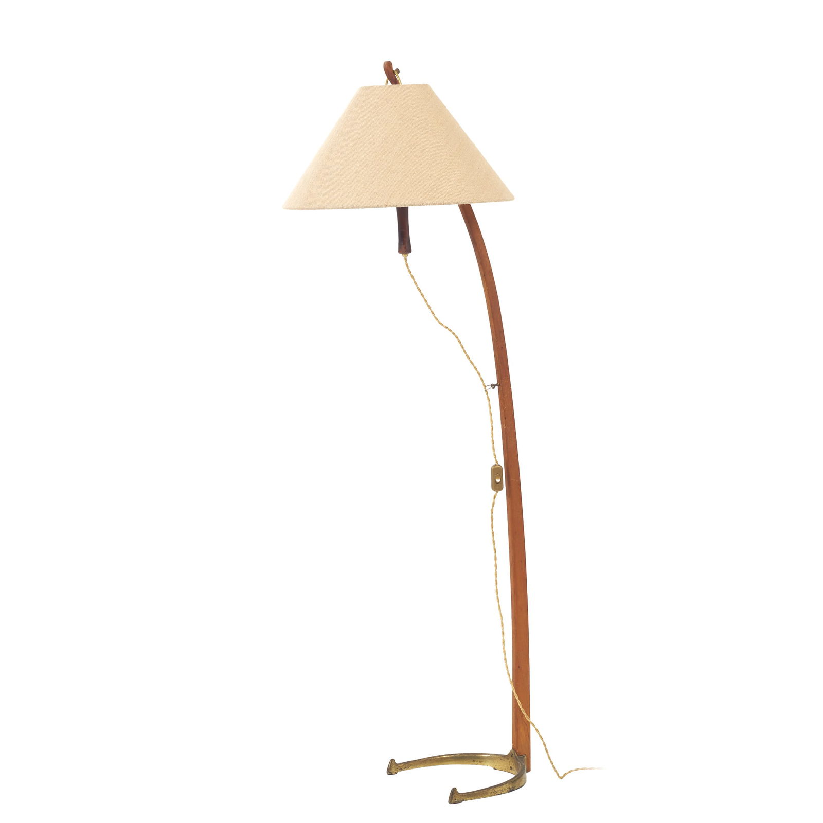 J.T KALMAR (1884-1968) - 'Dornstab' floor lamp: Vienna, Austria, c.1950, mahogany floor lamp, horseshoe-shaped base and brass appliques, beige lampshade with built-in lamp, removable and height adjustable. Electrified. Signs of wear. Dim.:161cm.