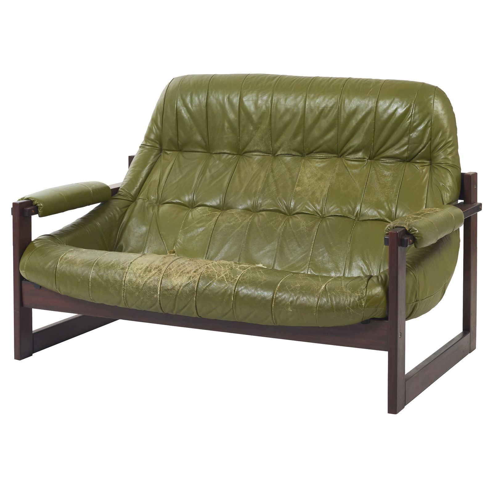 PERCIVAL LAFER (b.1936) - MP-172 two-seater sofa: Brazil, c.1960, rosewood frame, original green leather upholstery. Signs of wear and tear to leather. Dim.: 88x140x80cm