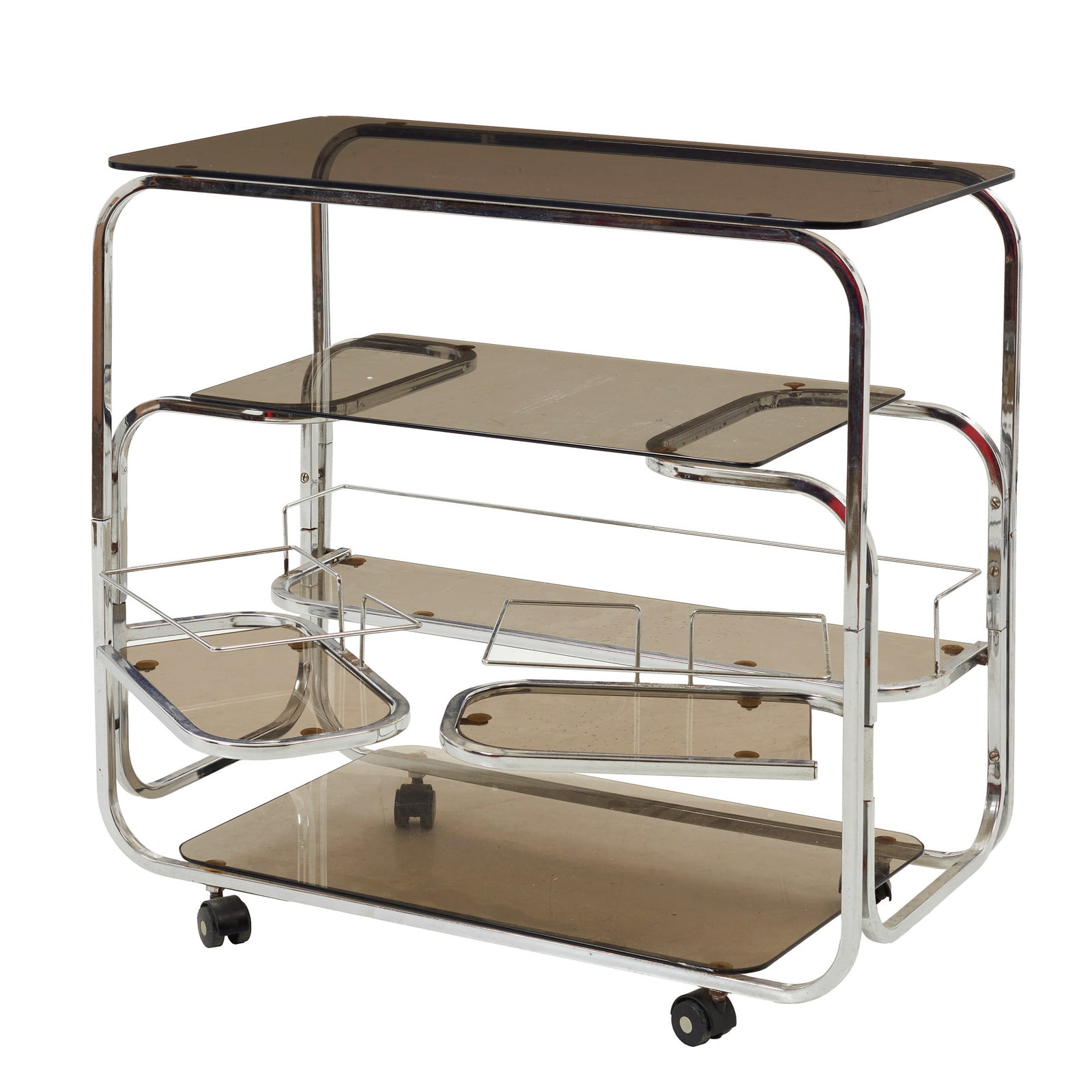 ITALIA WORK, c.1970 - Tea trolley: Italy, c.1970, chrome-plated metal, four tiers with smoked green glass tops and casters. Signs of use. Dim.:78.5x80x43cm.