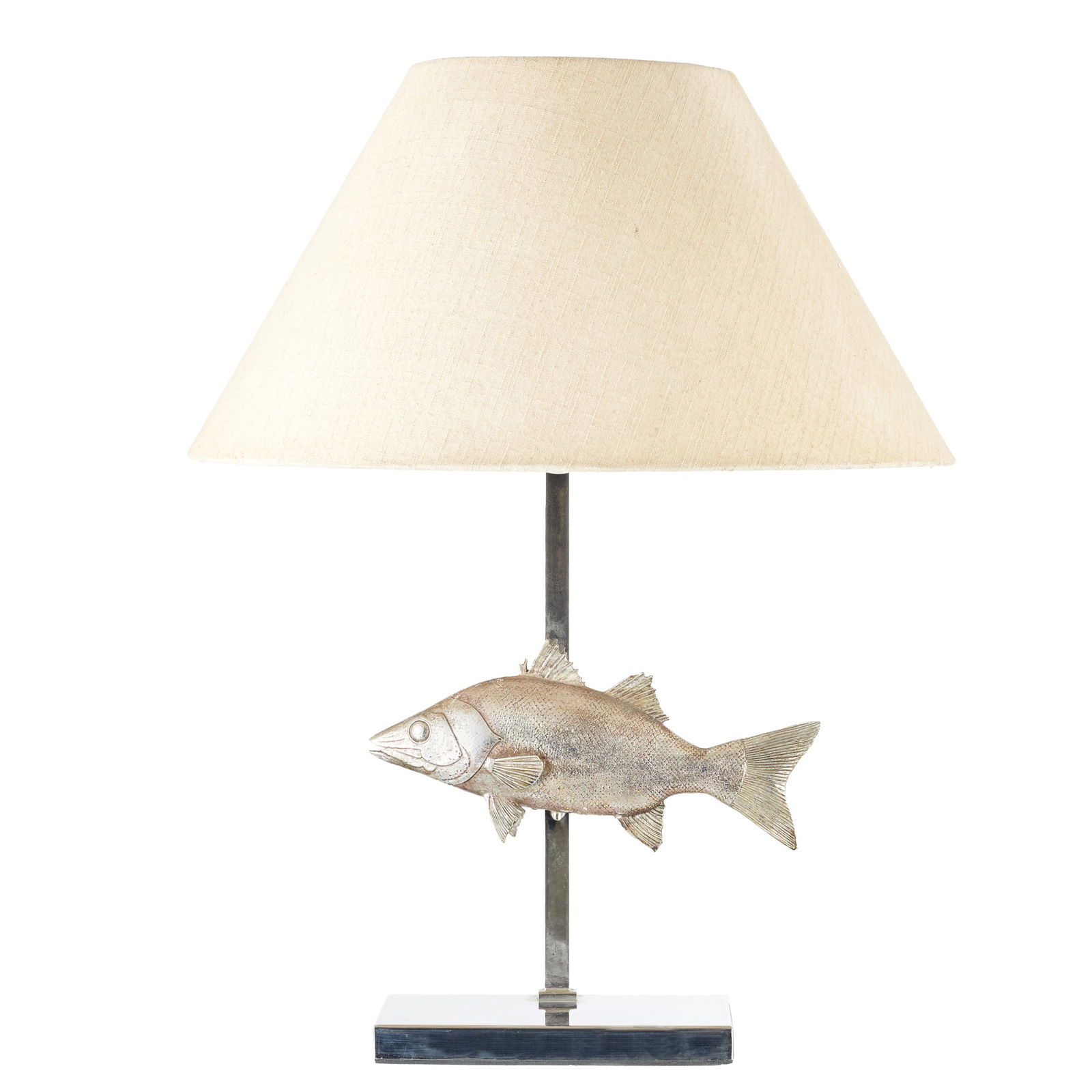FRENCH WORK, c.1990 - Modernist lamp 'Fish': France, c.1990, chrome-plated metal structure with raised fish-shaped applique, fabric lampshade. Signs of wear. Dim.: 63.5 cm.