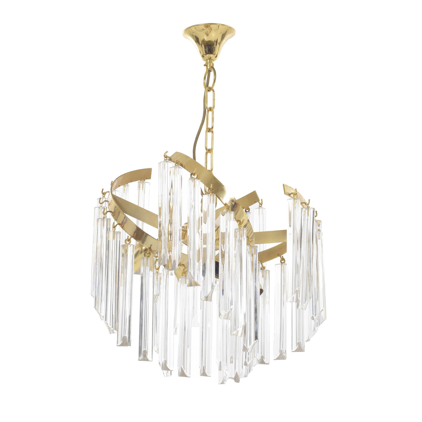 ITALIAN WORK, c.1970 - Pendant lamp: Italy, Murano, c. 1970, gilded metal frame with prism-shaped glass pendants. Signs of use. Dimensions: