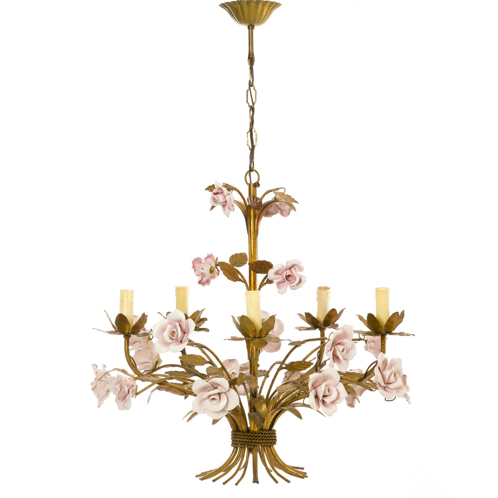 HANS KOGL (20th/21st) - Ceiling lamp with flowers: Germany, c.1970, in gilded brass with five lights, polychrome ceramic flower decoration. Signs of use. Dim.: 87cm.