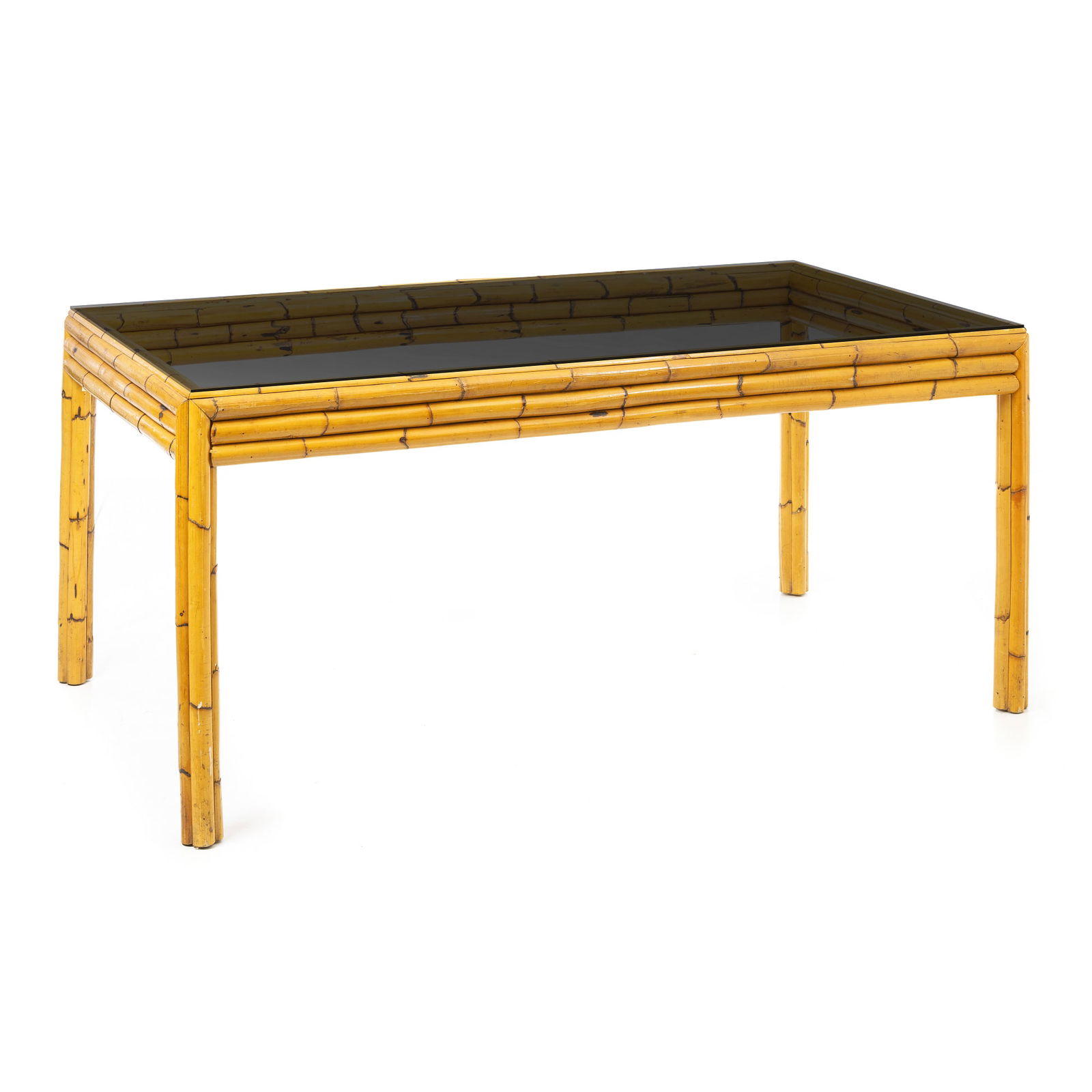 FRENCH WORK, c.1970 - Bamboo dining table: France, c.1970, bamboo structure with dark-fumed glass top. Signs of wear. Dim. 77x180x94 cm