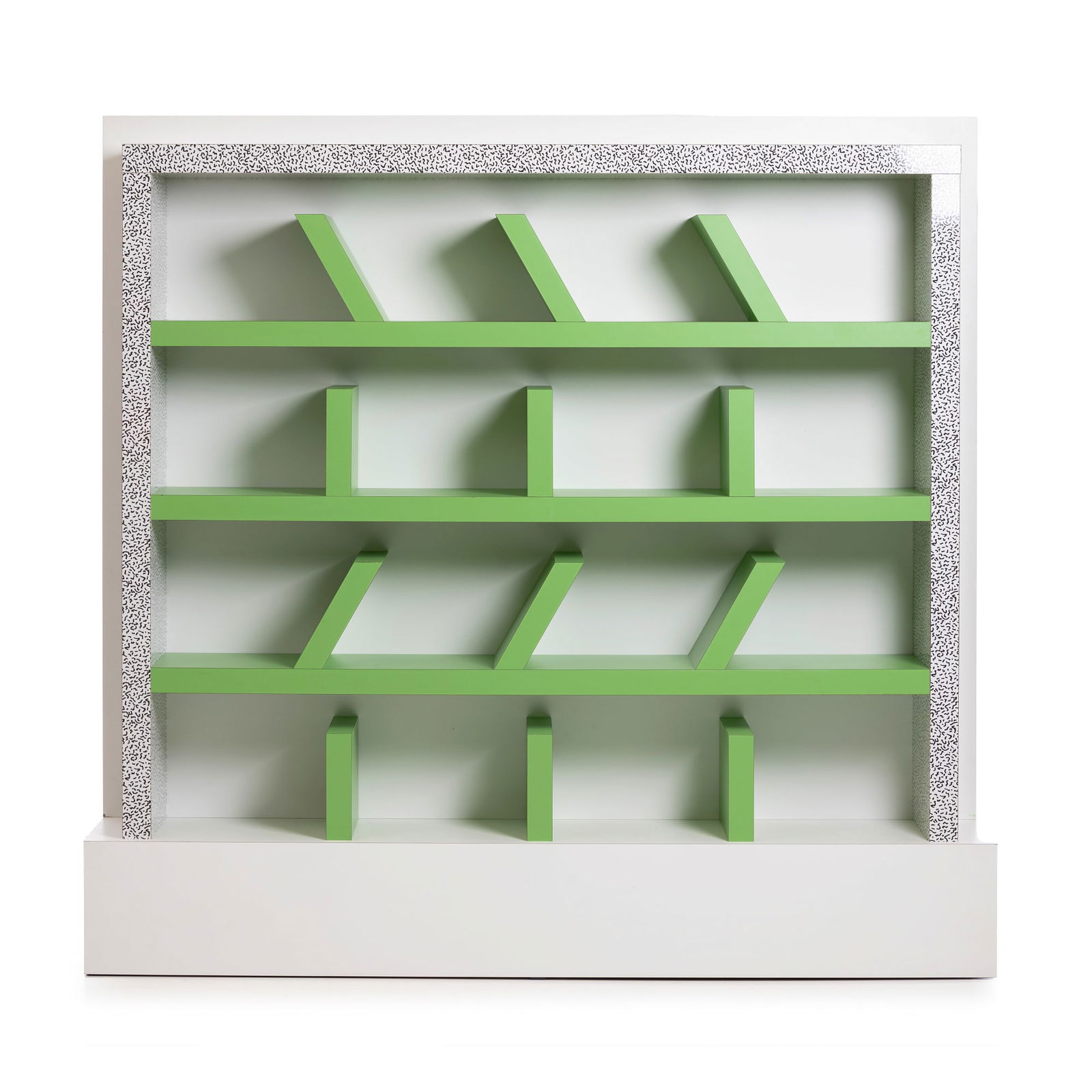 ETTORE SOTTSASS (1917-2007) - Estante Suvretta: Italy, model created in 1981, wooden bookcase with green and white decorative laminate and "Bacterio" pattern created by the same author, 'Suvretta' model, manufactured by Memphis Milano. Marked on